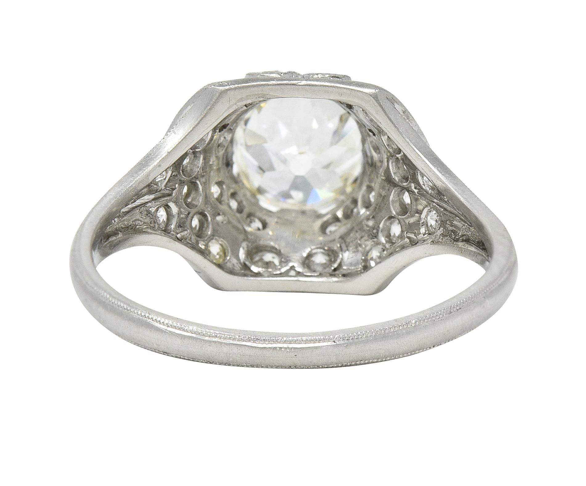 Women's or Men's Art Deco 1.71 CTW Old Mine Cut Diamond Platinum Ribbon Engagement Ring For Sale