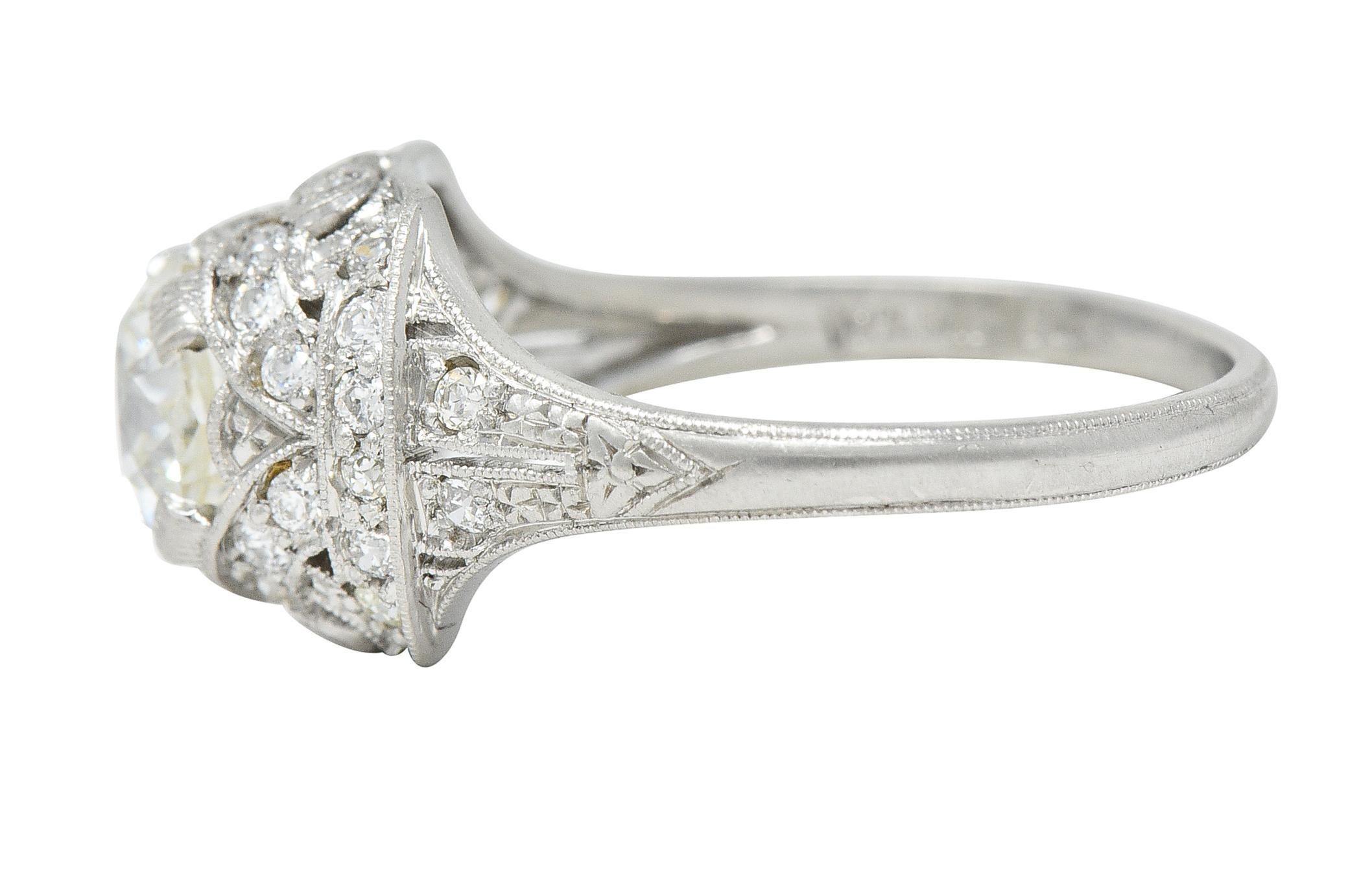 Art Deco 1.71 CTW Old Mine Cut Diamond Platinum Ribbon Engagement Ring For Sale 1