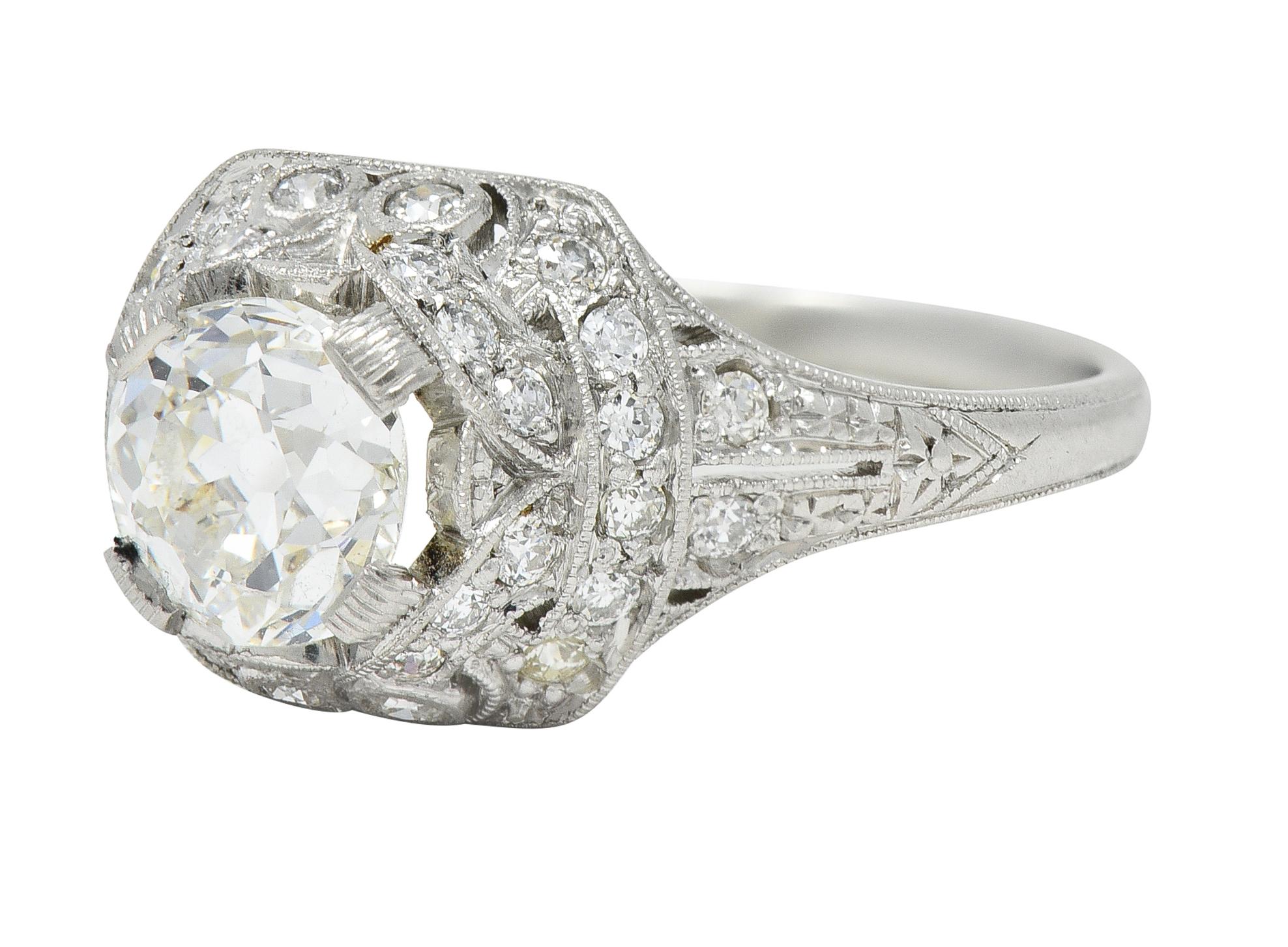 Art Deco 1.71 CTW Old Mine Cut Diamond Platinum Ribbon Engagement Ring For Sale 2