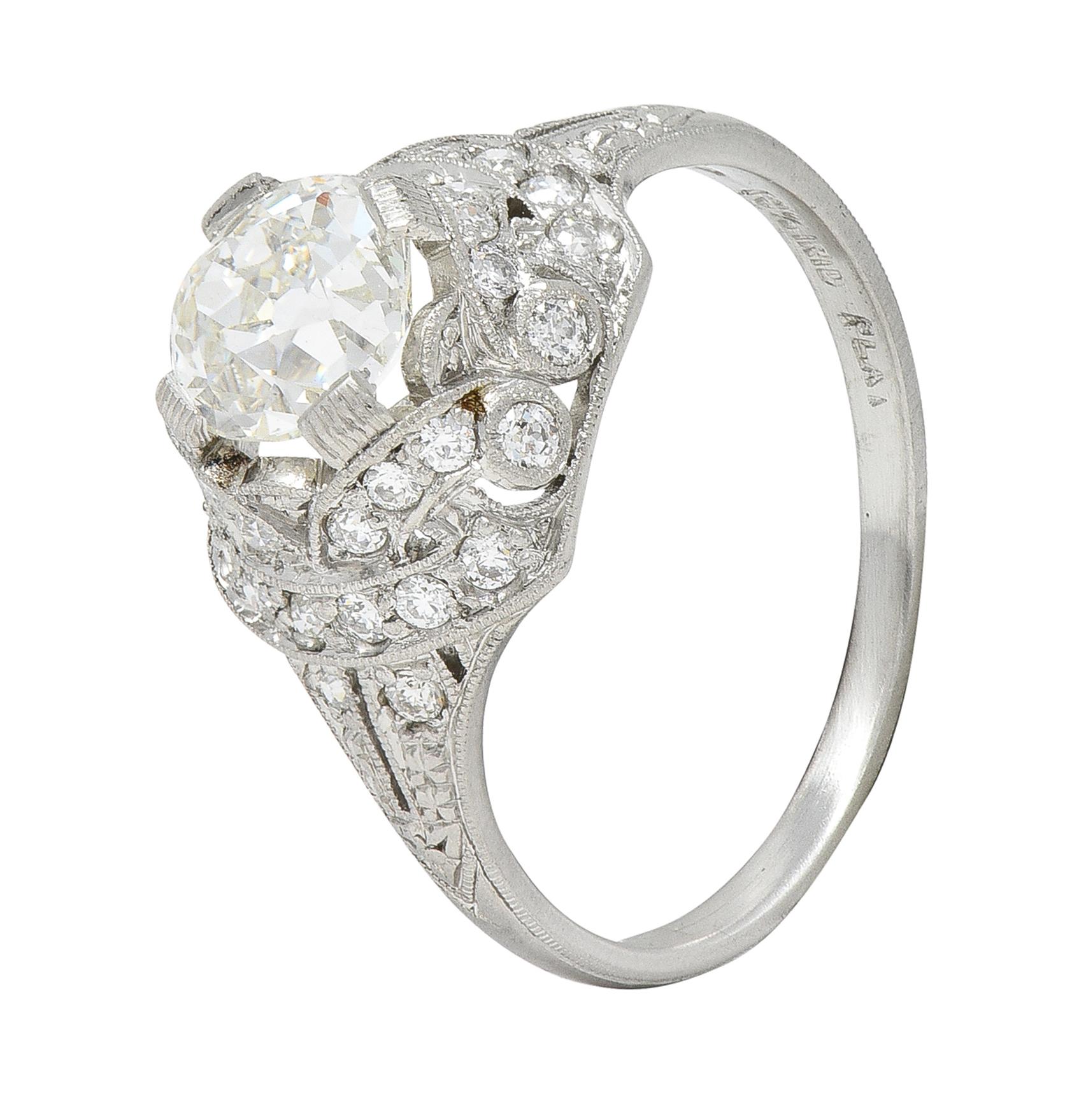 Art Deco 1.71 CTW Old Mine Cut Diamond Platinum Ribbon Engagement Ring For Sale 5