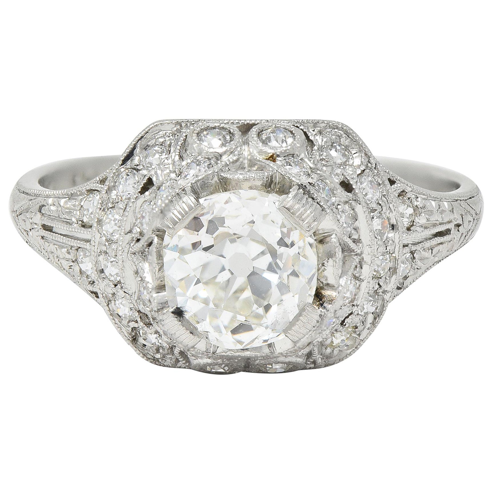 Bague de fiançailles Art déco à ruban en platine avec diamant taille vieille mine de 1,71 carat en vente