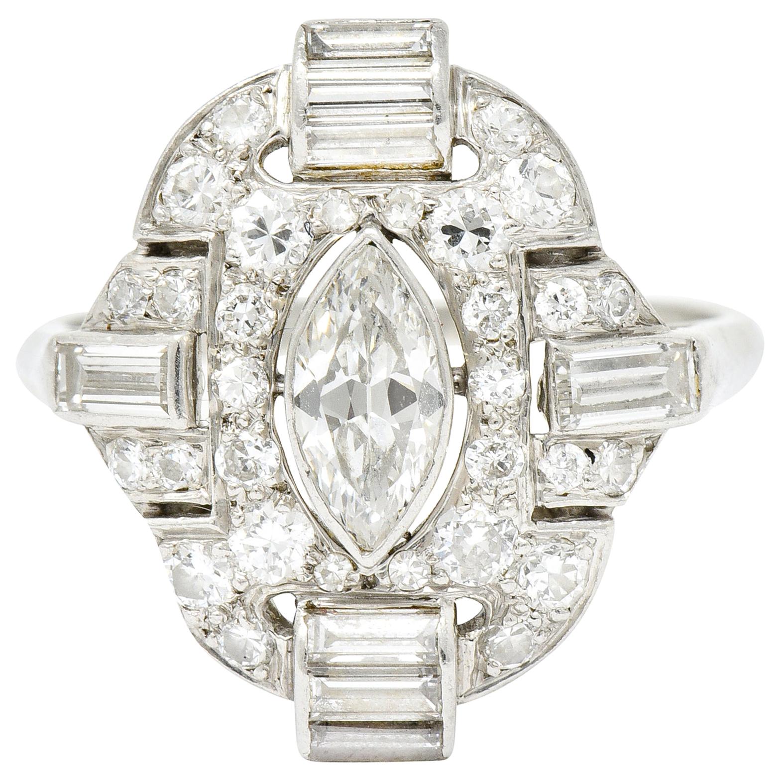 Art Deco 1.72 Carat Marquise Diamond Scrolling Pave Dinner Ring, circa 1930