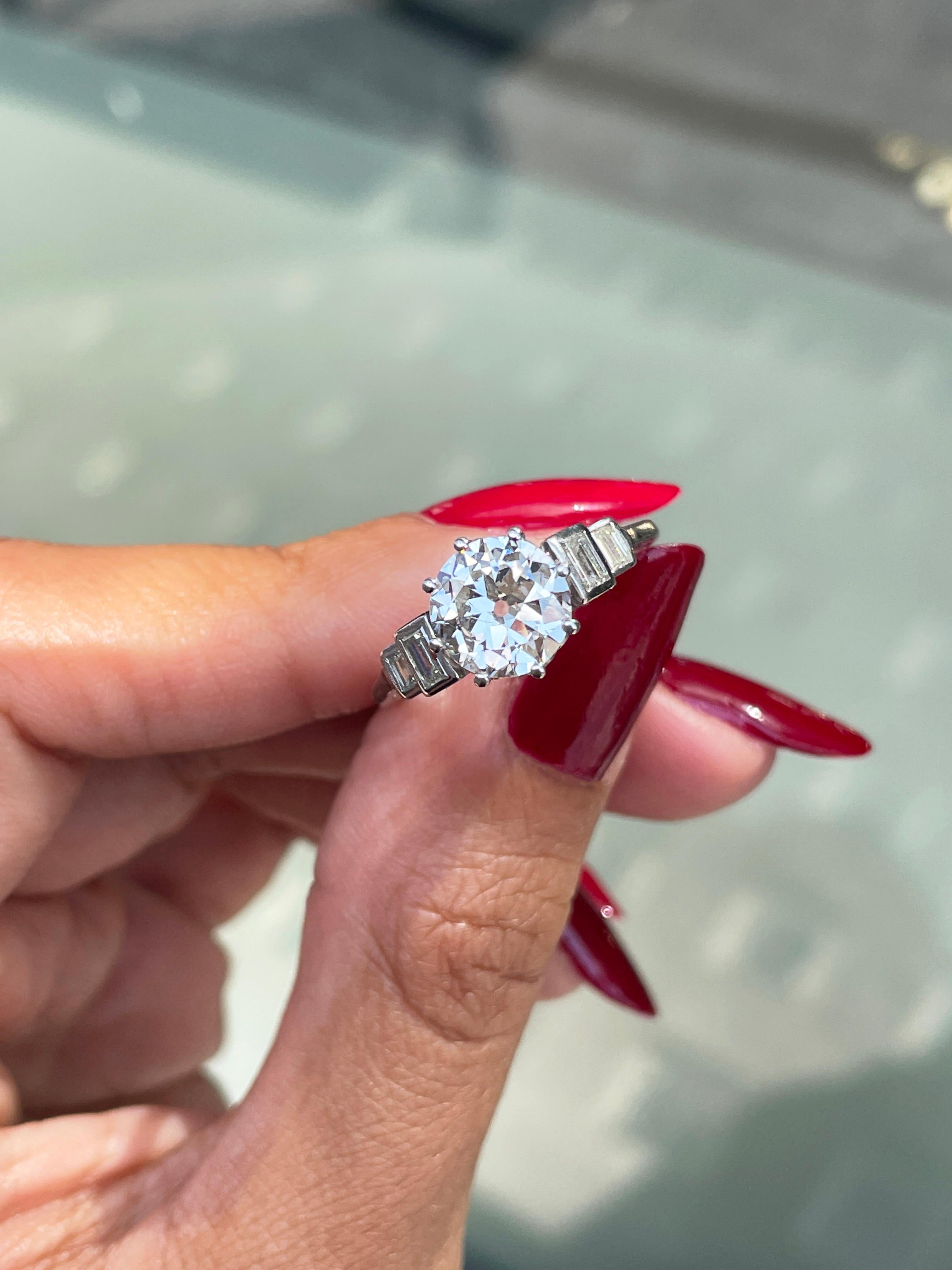 Women's Art Deco 1.72 Carat Old Cut Diamond Platinum Engagement Ring, Circa 1920's For Sale