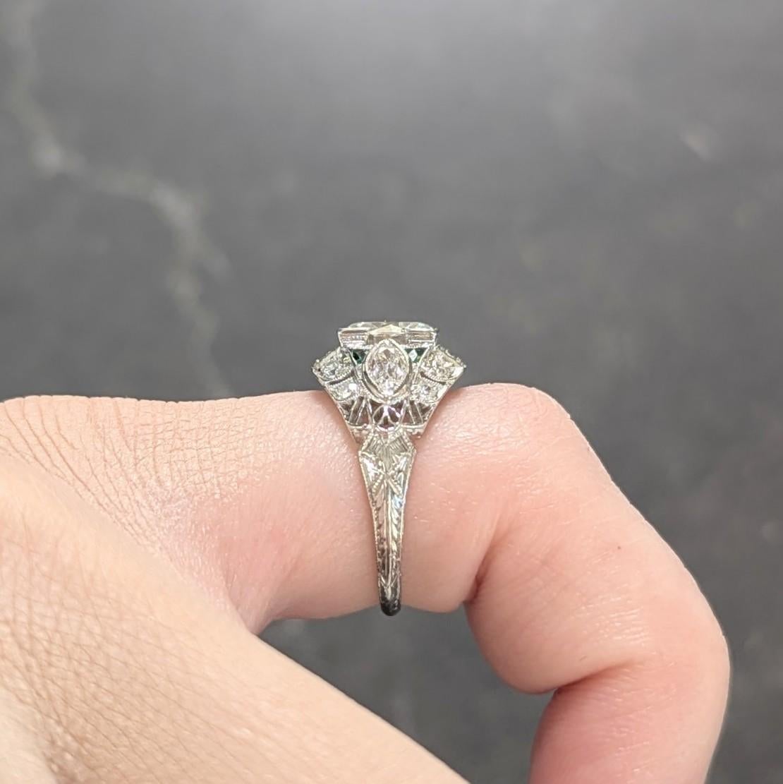 Art Deco 1.72 CTW Diamond Emerald Platinum Vintage Wheat Bombé Engagement Ring For Sale 7