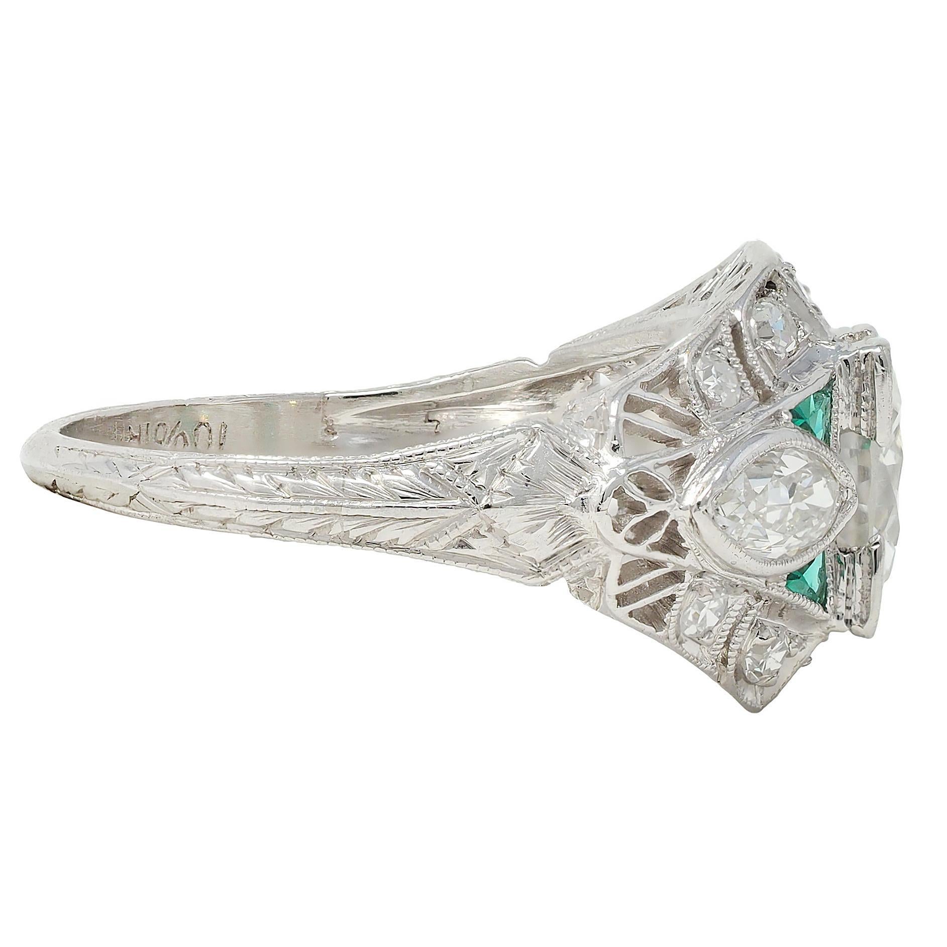 Art Deco 1.72 CTW Diamond Emerald Platinum Vintage Wheat Bombé Engagement Ring In Excellent Condition For Sale In Philadelphia, PA
