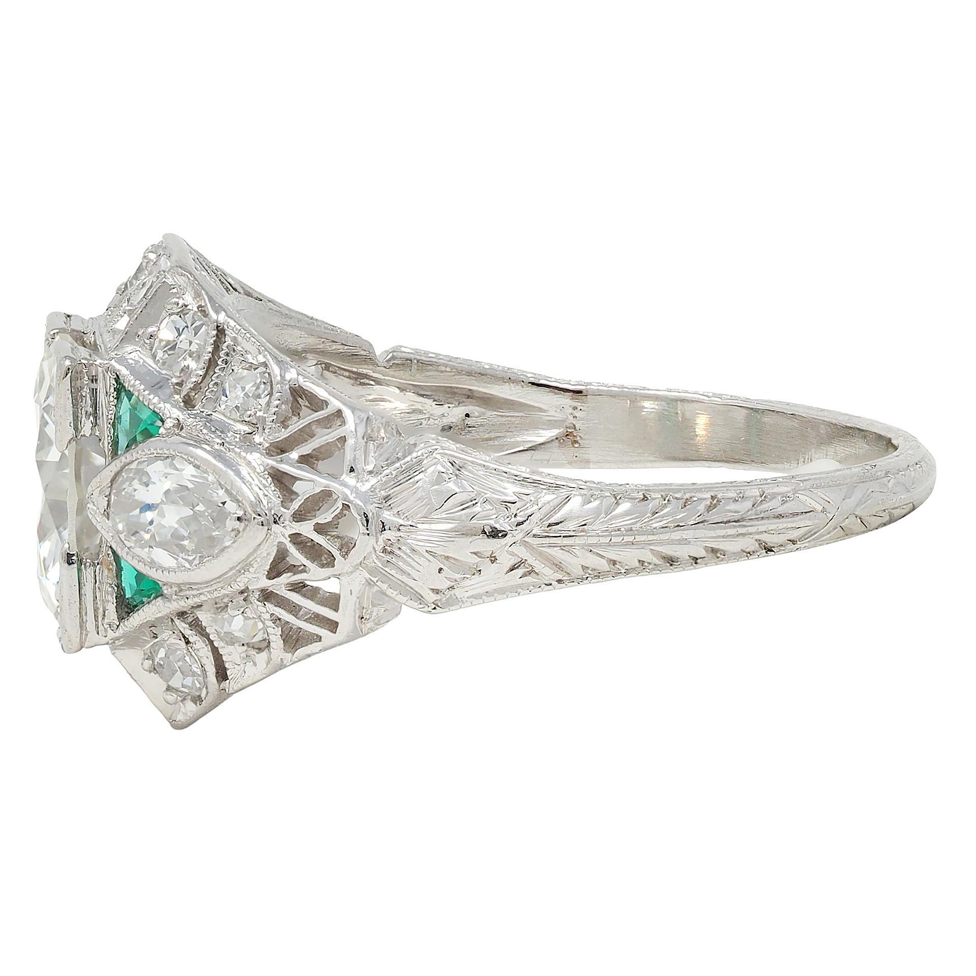 Art Deco 1.72 CTW Diamond Emerald Platinum Vintage Wheat Bombé Engagement Ring For Sale 1