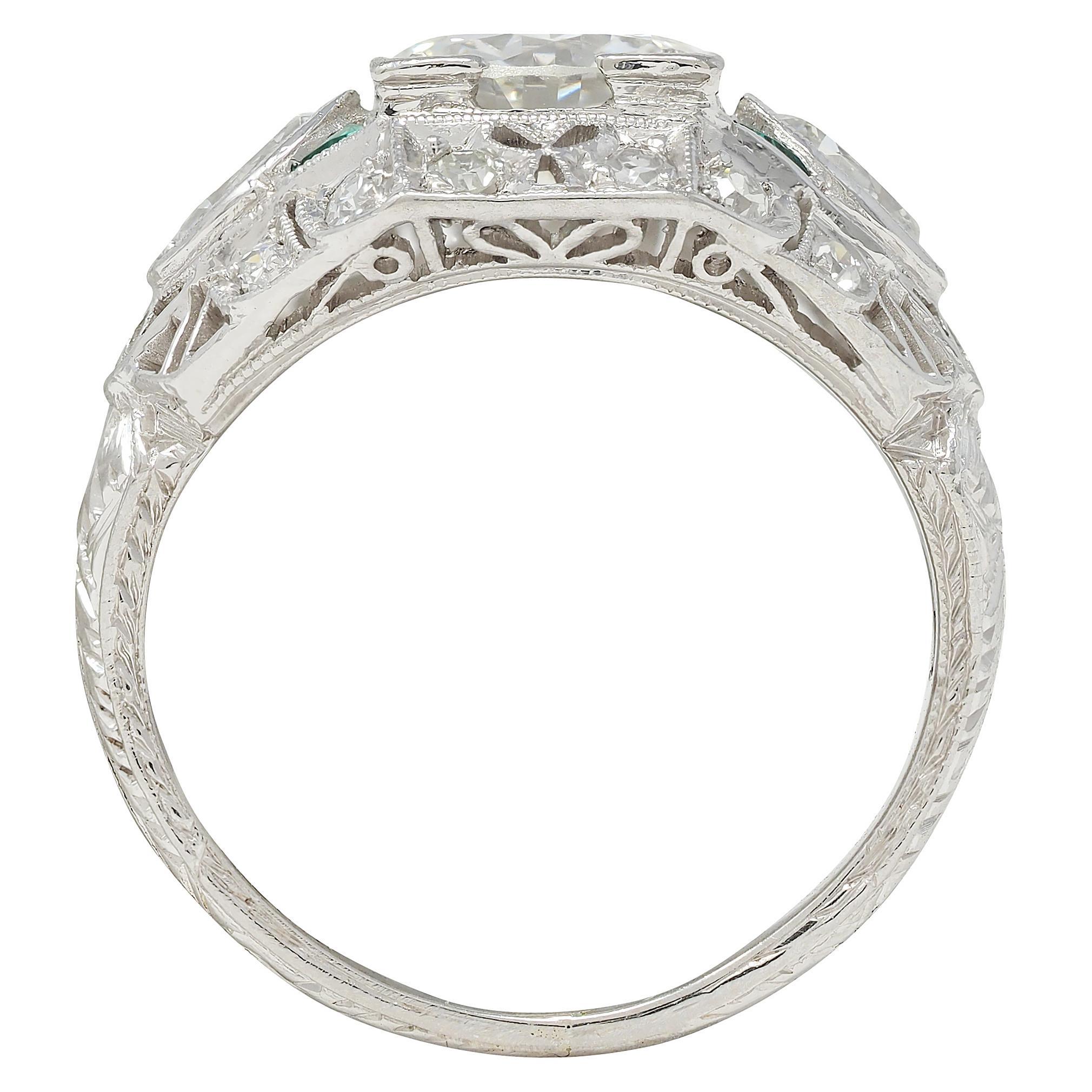 Art Deco 1.72 CTW Diamond Emerald Platinum Vintage Wheat Bombé Engagement Ring For Sale 4