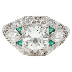 Art Deco 1.72 CTW Diamant Smaragd Platin Vintage Weizen Bombé Verlobungsring