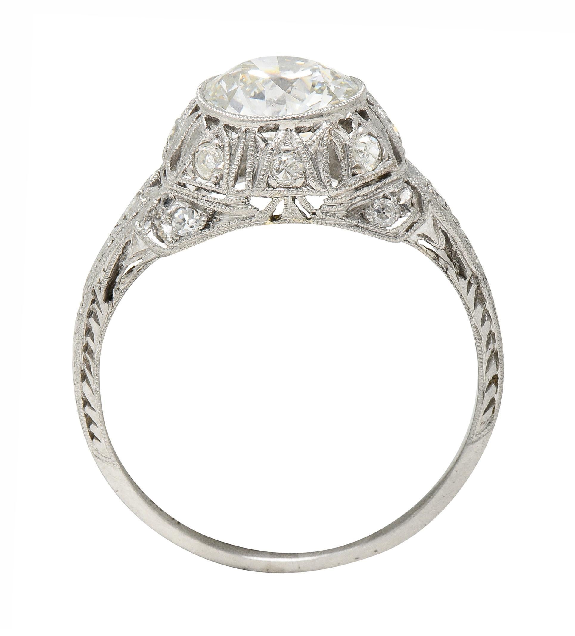Art Deco 1.72 CTW Old European Cut Diamond Platinum Tulip Engagement Ring For Sale 6