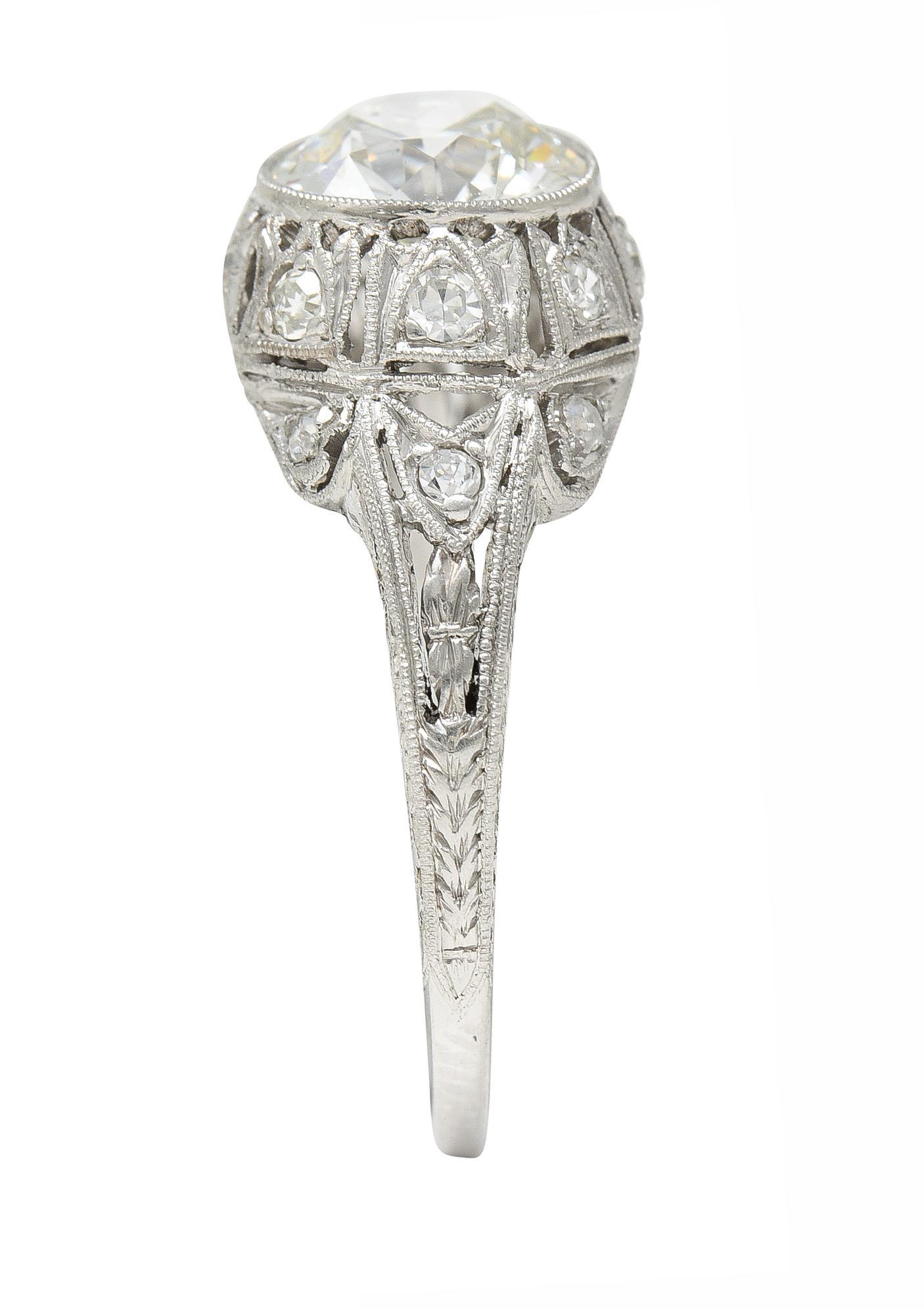 Art Deco 1.72 CTW Old European Cut Diamond Platinum Tulip Engagement Ring For Sale 7