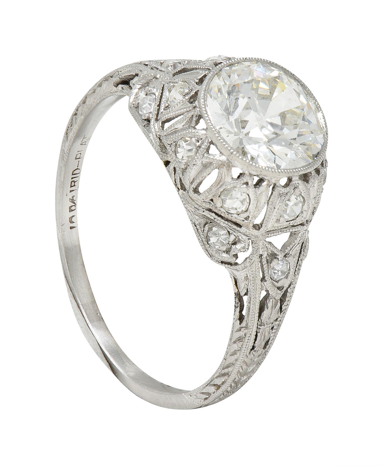 Art Deco 1.72 CTW Old European Cut Diamond Platinum Tulip Engagement Ring For Sale 8