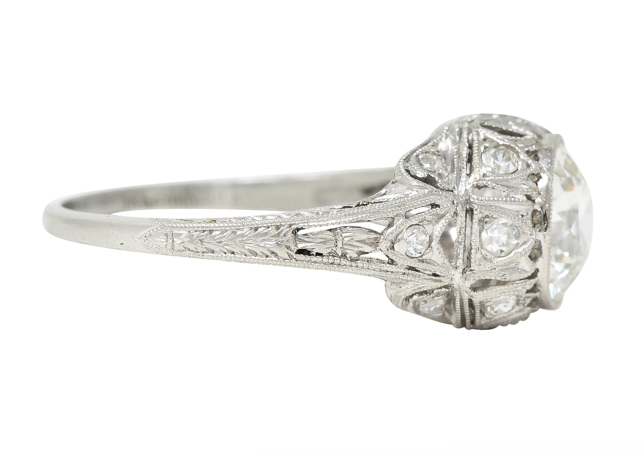 Women's or Men's Art Deco 1.72 CTW Old European Cut Diamond Platinum Tulip Engagement Ring For Sale
