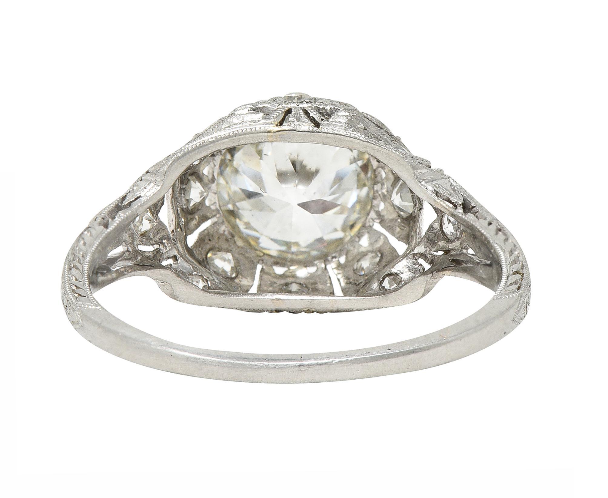 Art Deco 1.72 CTW Old European Cut Diamond Platinum Tulip Engagement Ring For Sale 1