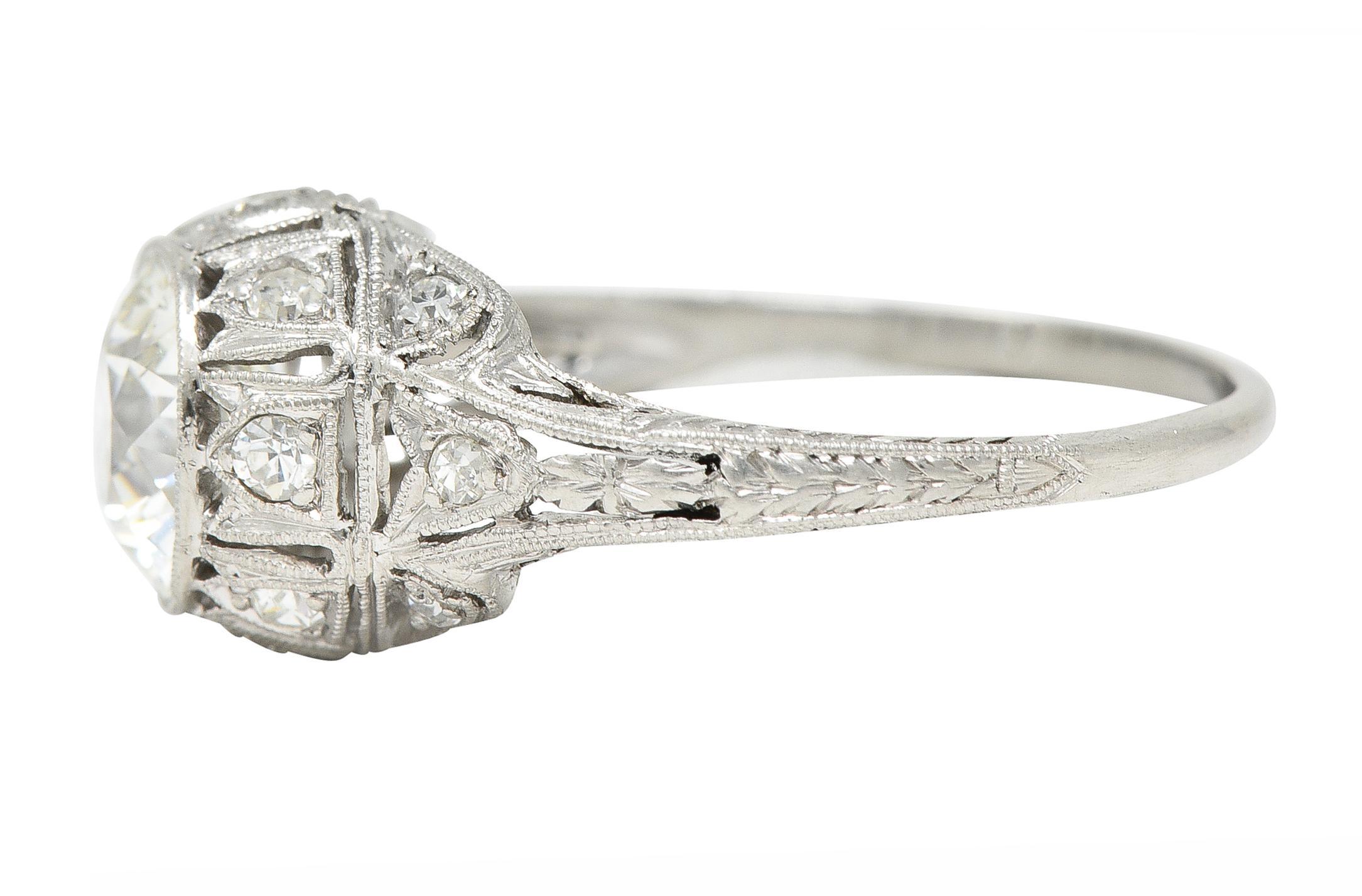 Art Deco 1.72 CTW Old European Cut Diamond Platinum Tulip Engagement Ring For Sale 2