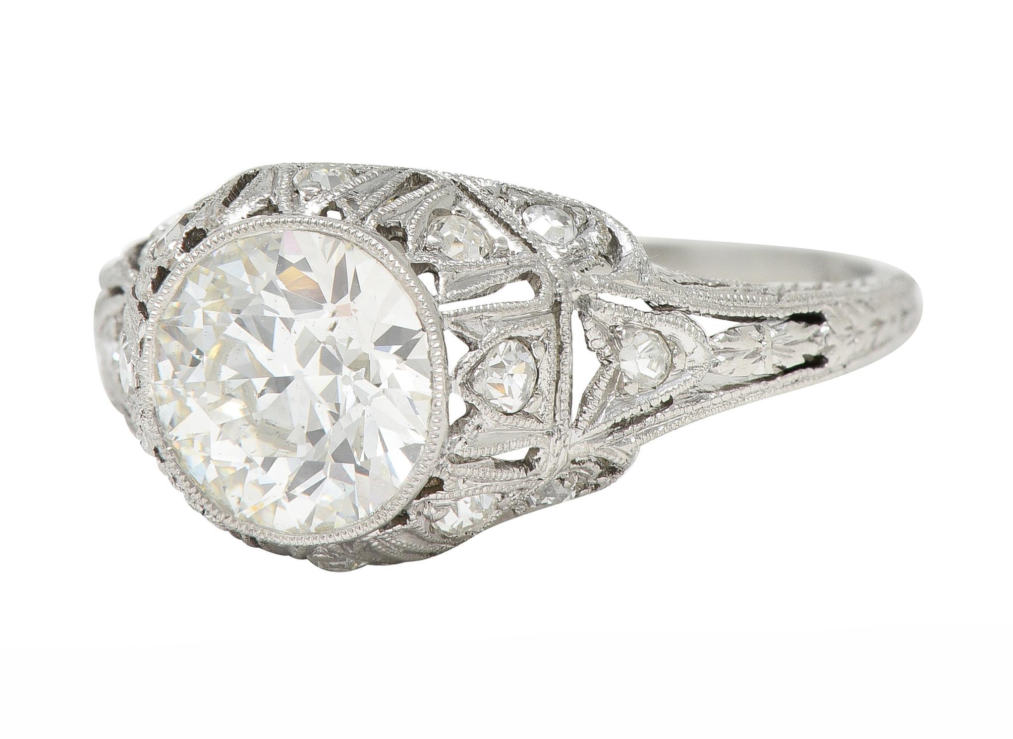 Art Deco 1.72 CTW Old European Cut Diamond Platinum Tulip Engagement Ring For Sale 3