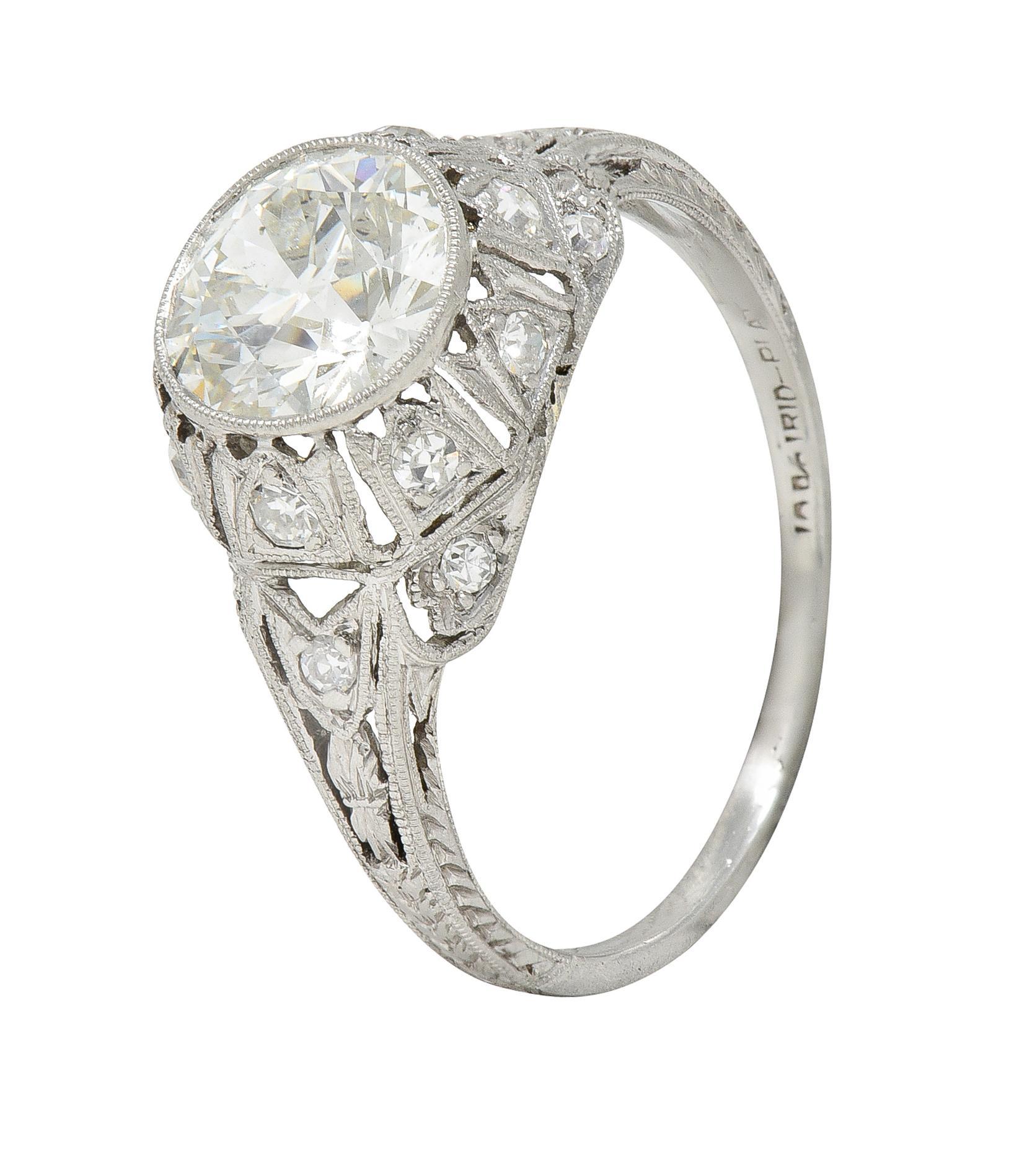 Art Deco 1.72 CTW Old European Cut Diamond Platinum Tulip Engagement Ring For Sale 5