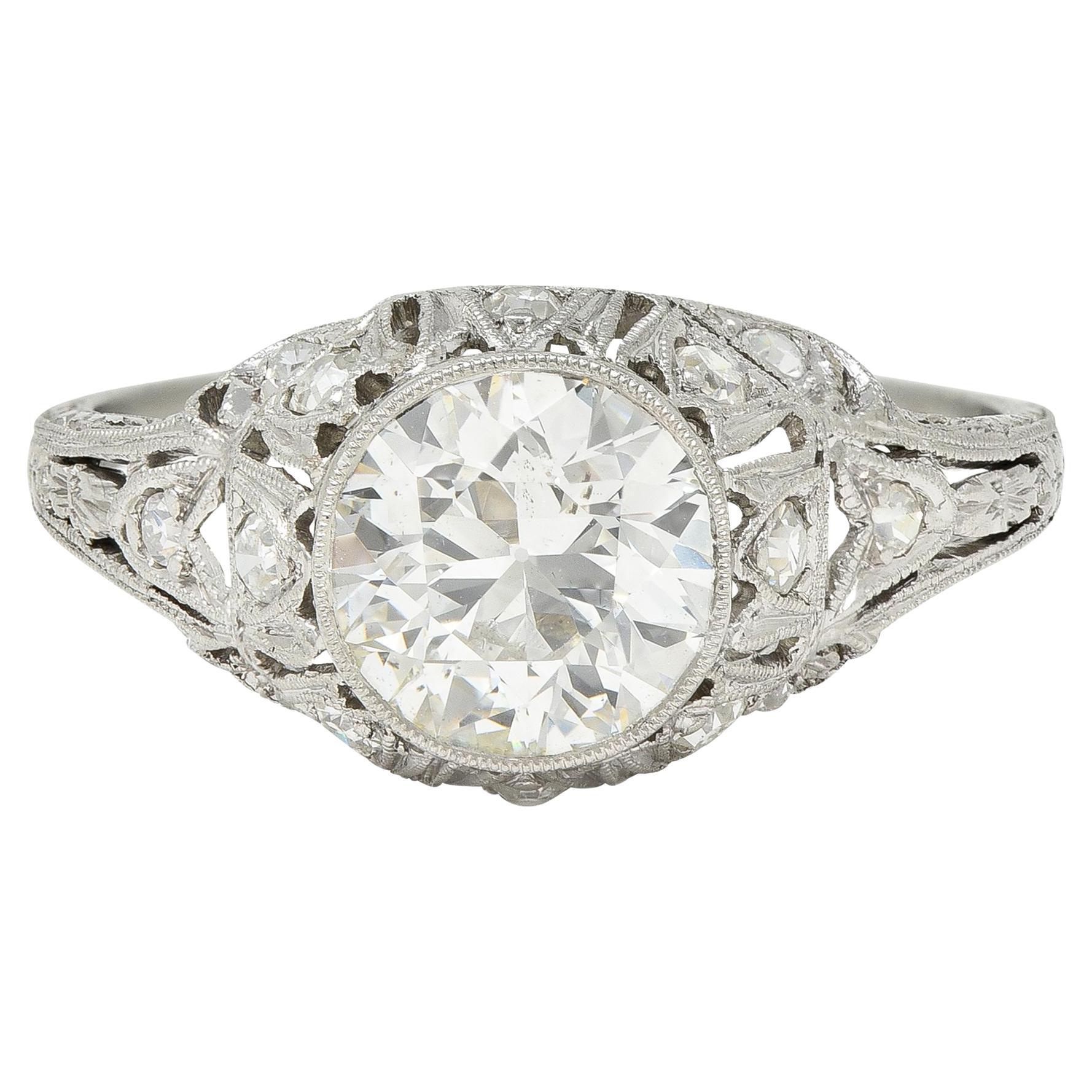 Art Deco 1.72 CTW Old European Cut Diamond Platinum Tulip Engagement Ring For Sale