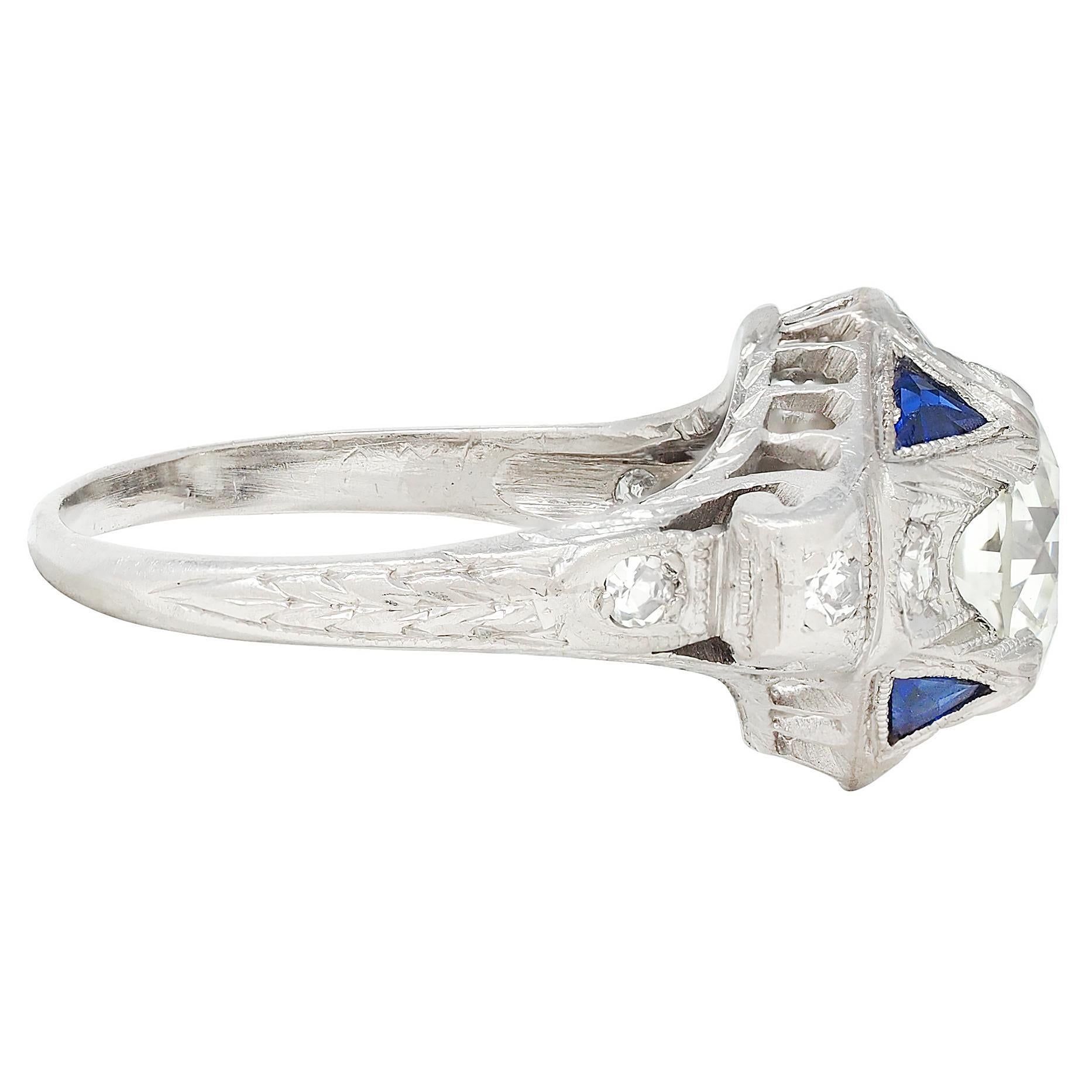 Bague de fiançailles vintage Art déco en platine avec diamant européen ancien de 1.72 carat, certifié GIA Excellent état - En vente à Philadelphia, PA