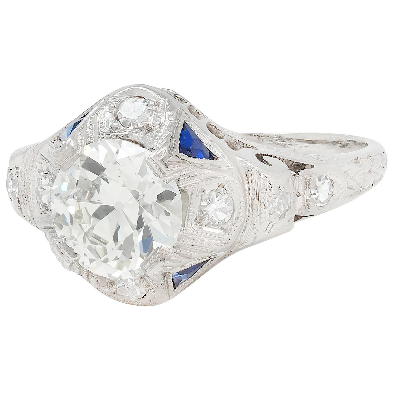 Bague de fiançailles vintage Art déco en platine avec diamant européen ancien de 1.72 carat, certifié GIA en vente 2