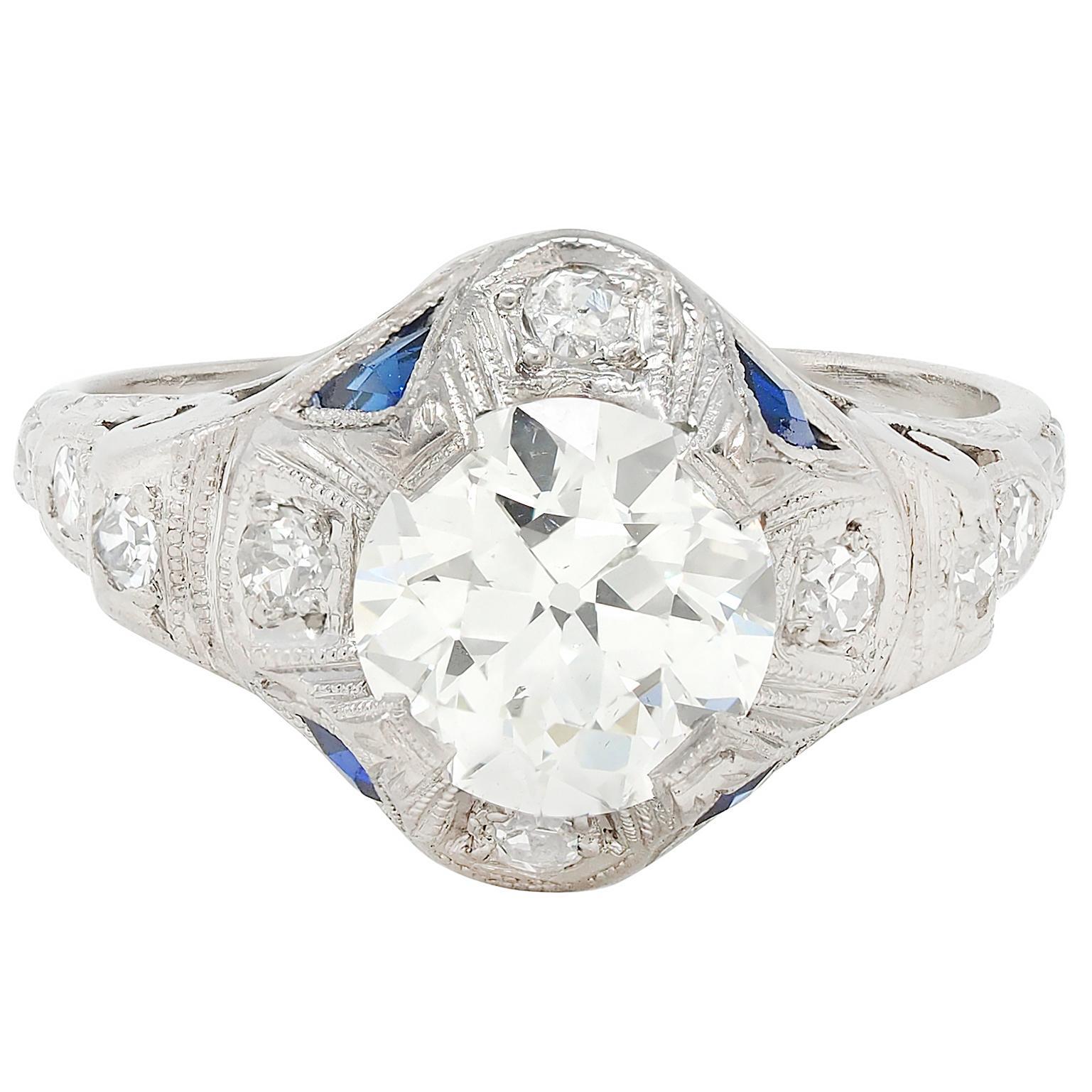 Bague de fiançailles vintage Art déco en platine avec diamant européen ancien de 1.72 carat, certifié GIA en vente