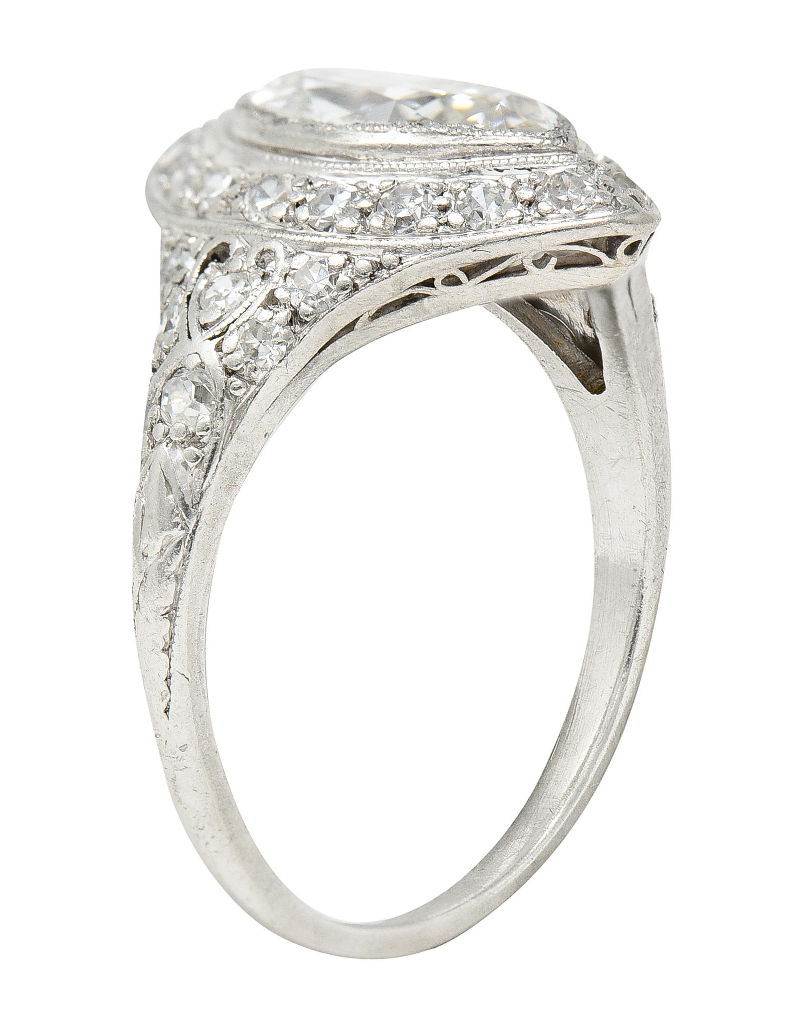 Art Deco 1.73 Carats Oval Diamond Platinum Cluster Alternative Engagement Ring 2