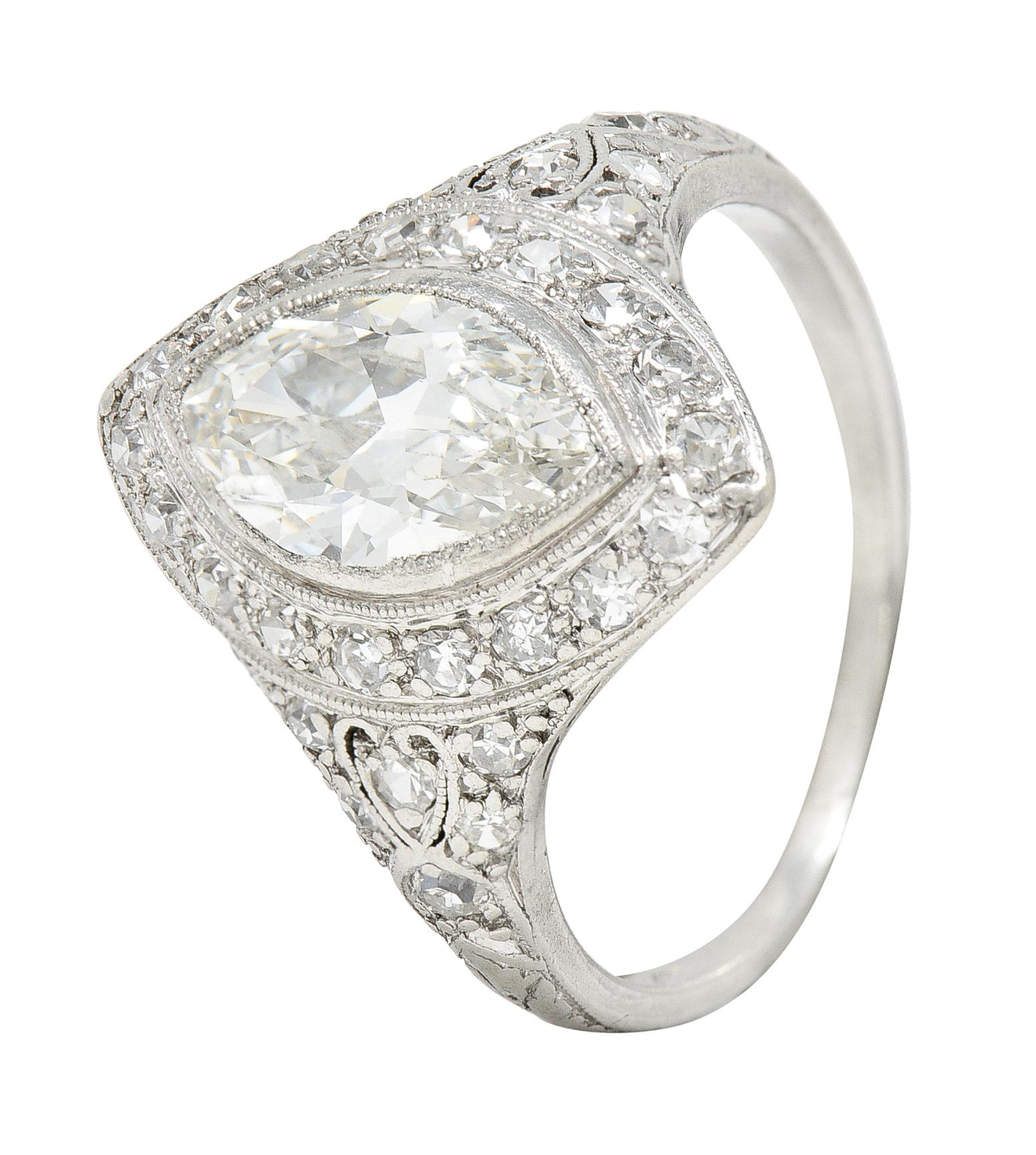 Women's or Men's Art Deco 1.73 Carats Oval Diamond Platinum Cluster Alternative Engagement Ring