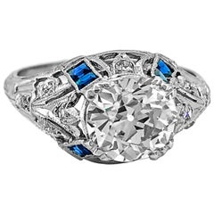 Art Deco 1.74 Carat Diamond and Sapphire Antique Engagement Ring Platinum