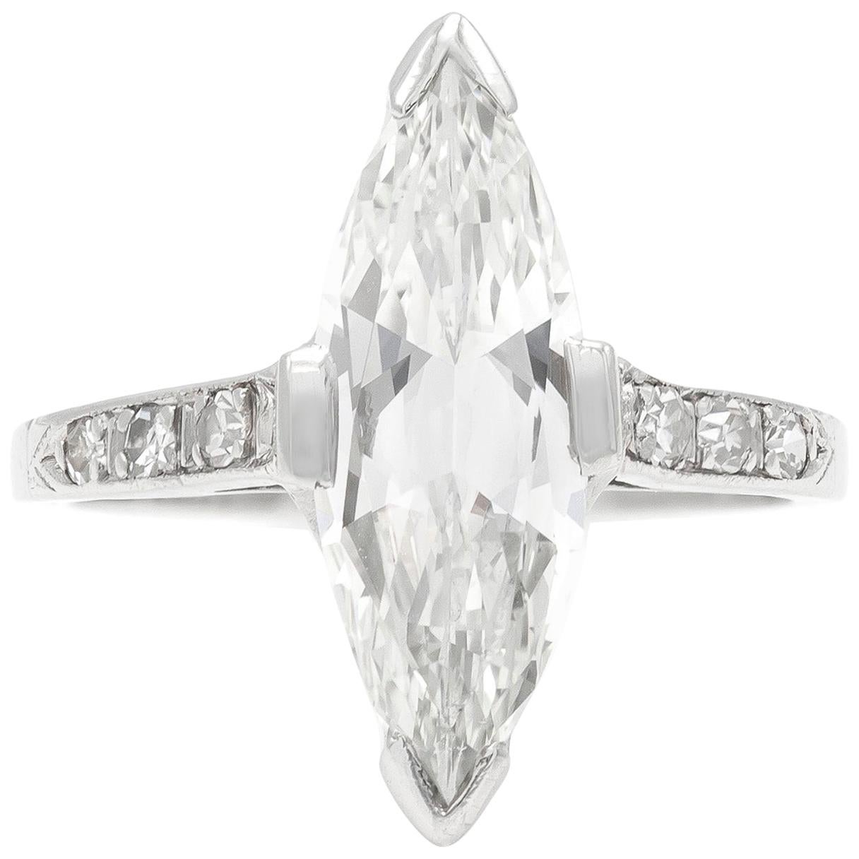 Art Deco 1.74 Carat GIA Marquise Cut Diamond Engagement Ring