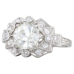 Anillo de compromiso de diamantes Art Decó 1,74 ctw 900 Platino Tamaño 5,25 GIA Viejo europeo