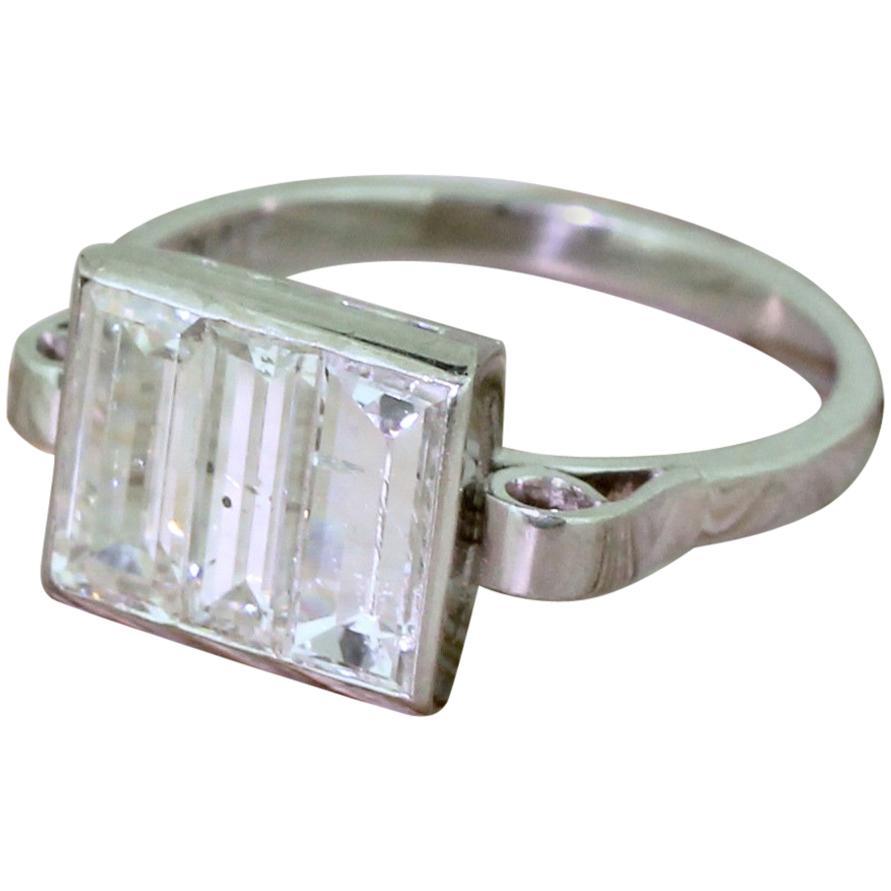 Art Deco 1.75 Carat Baguette Cut Diamond Trilogy Ring