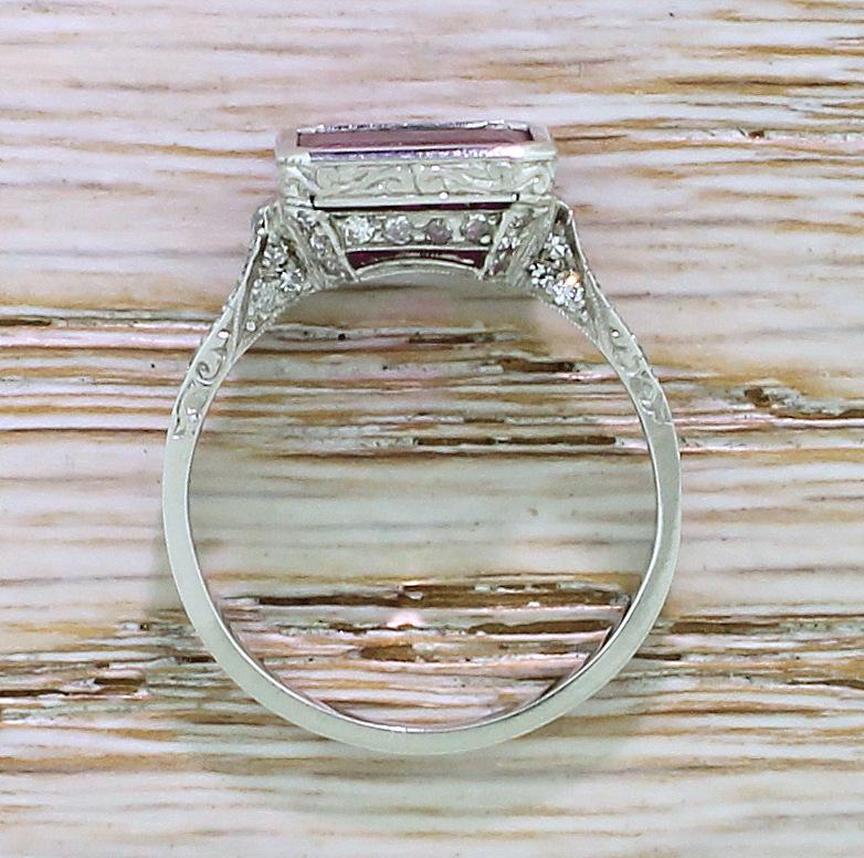 Women's Art Deco 1.75 Carat Emerald Cut Burmese Ruby and Diamond Platinum Ring