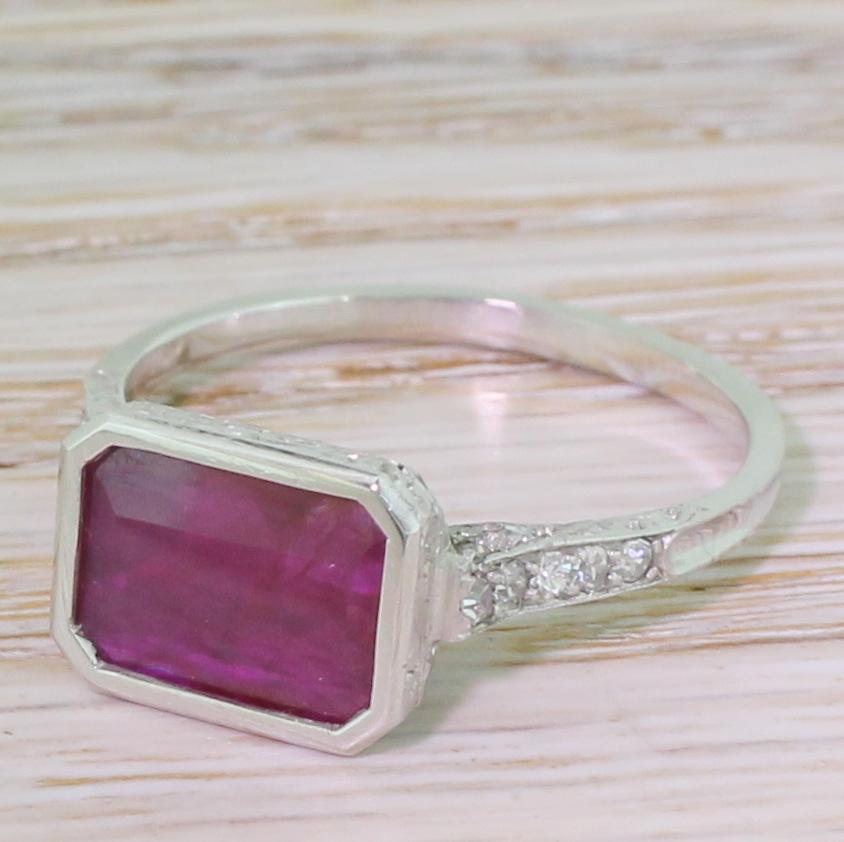 Art Deco 1.75 Carat Emerald Cut Burmese Ruby and Diamond Platinum Ring 3
