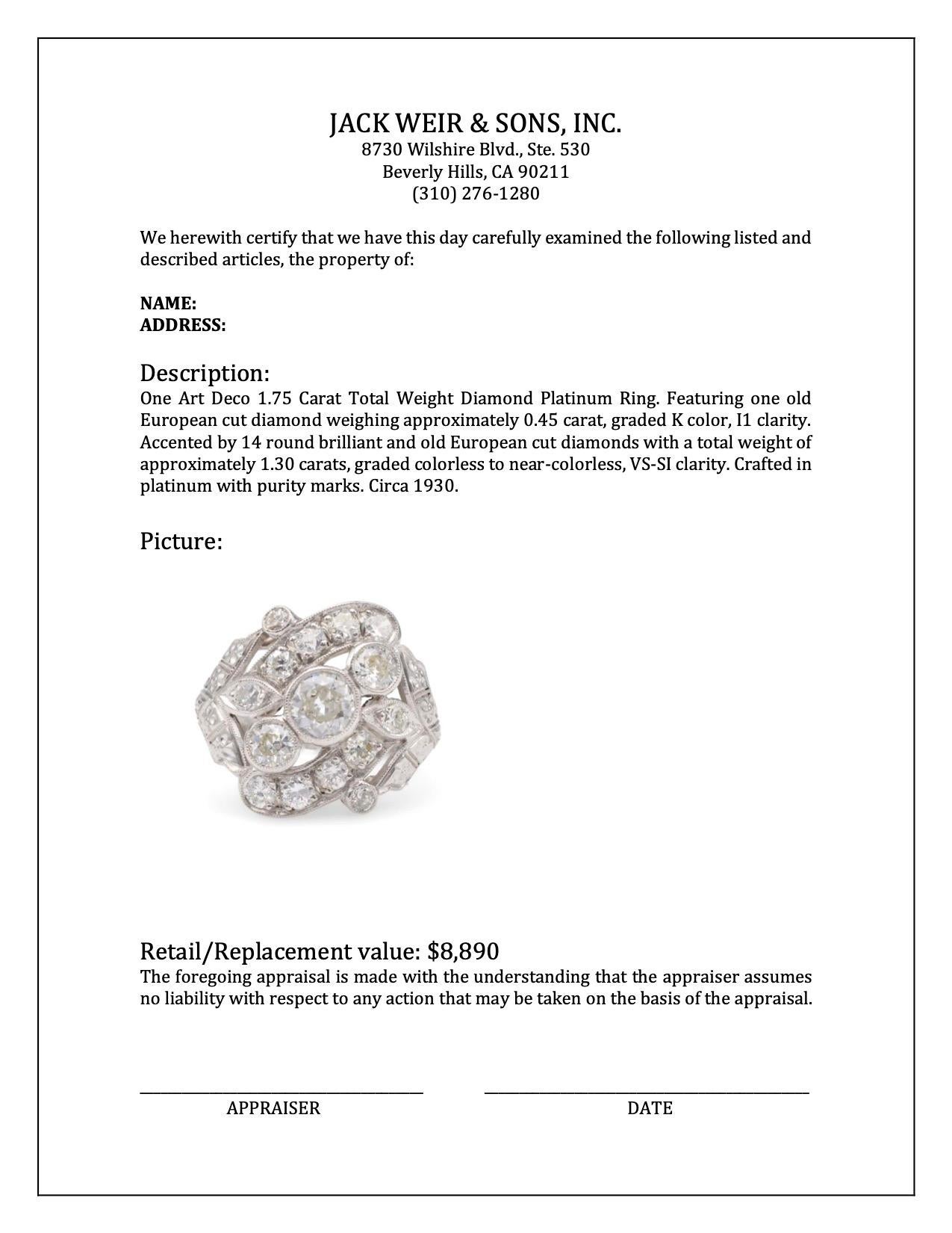 Platinring Art Deco 1,75 Karat Gesamtgewicht Diamant Platin für Damen oder Herren im Angebot