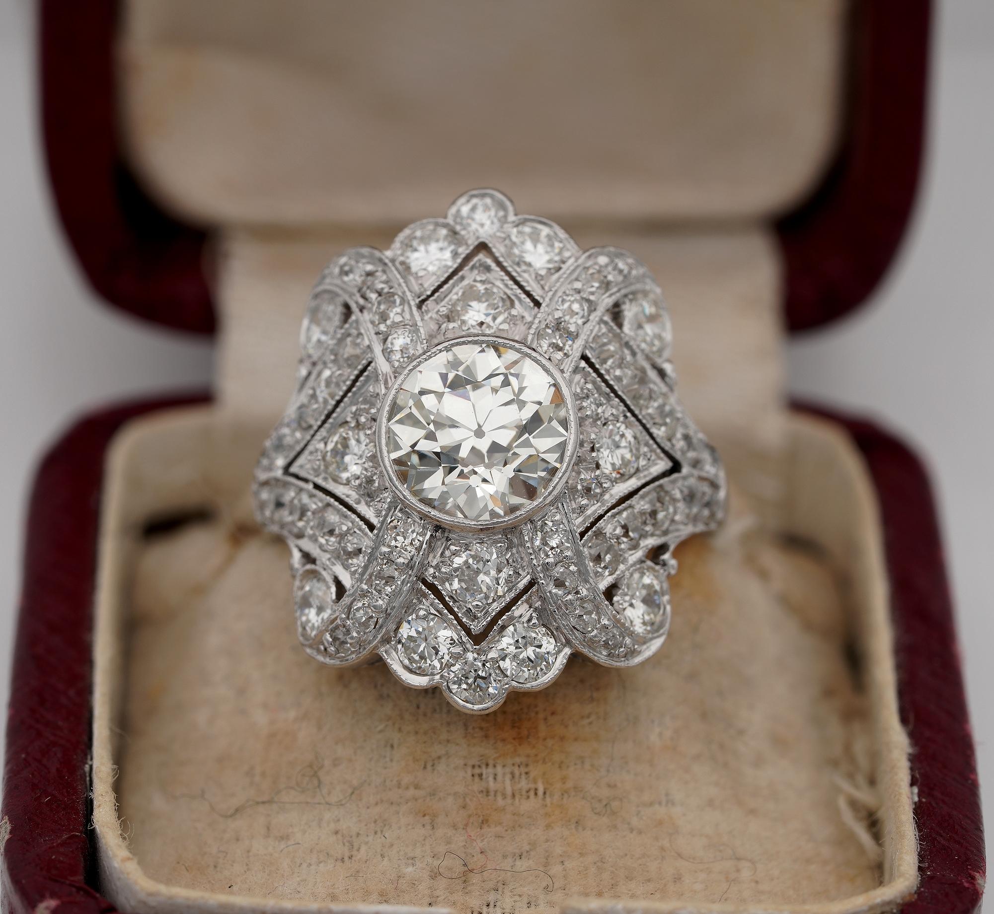 Art Deco Dazzler
Beautiful Art Deco period Platinum made Diamond plaque ring
Artfully hand crafted as unique during 1920's in a dazzling plaque design to display Diamond opulence
Centre Diamond is one old European cut of 1.75 CT (I/J/VVS1 – agd 7.6