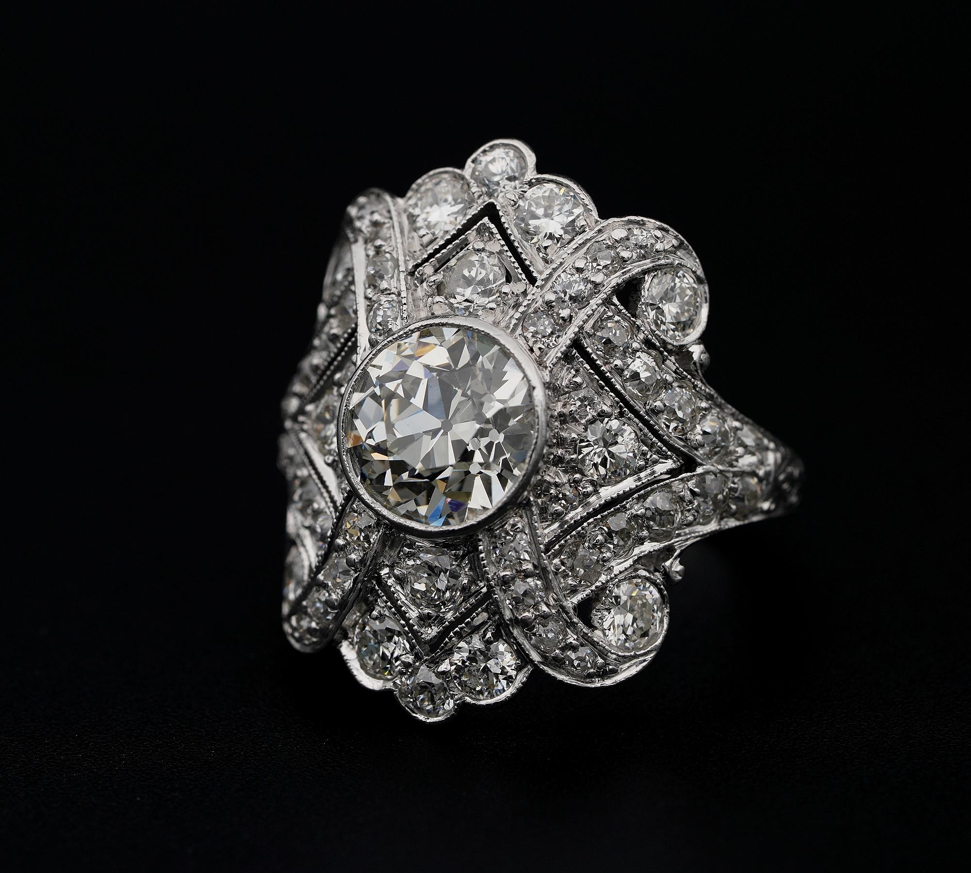 Platin-Platin-Plakette-Ring, Art déco, 1,75 Karat Diamant Plus 2,20 Karat Damen im Angebot