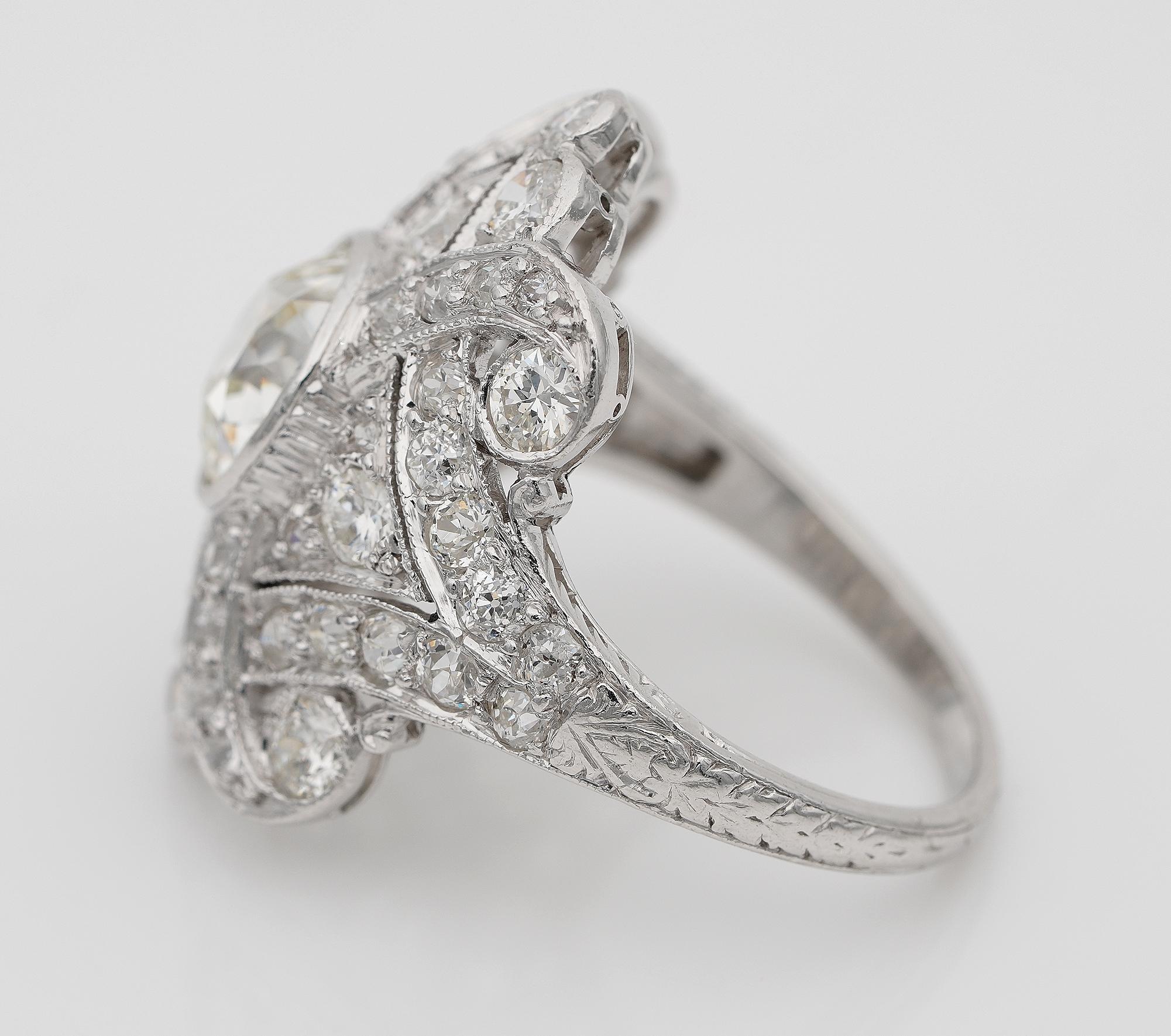 Art Deco 1.75 Ct Diamond Plus 2.20 Ct Complement Platinum Plaque Ring For Sale 2
