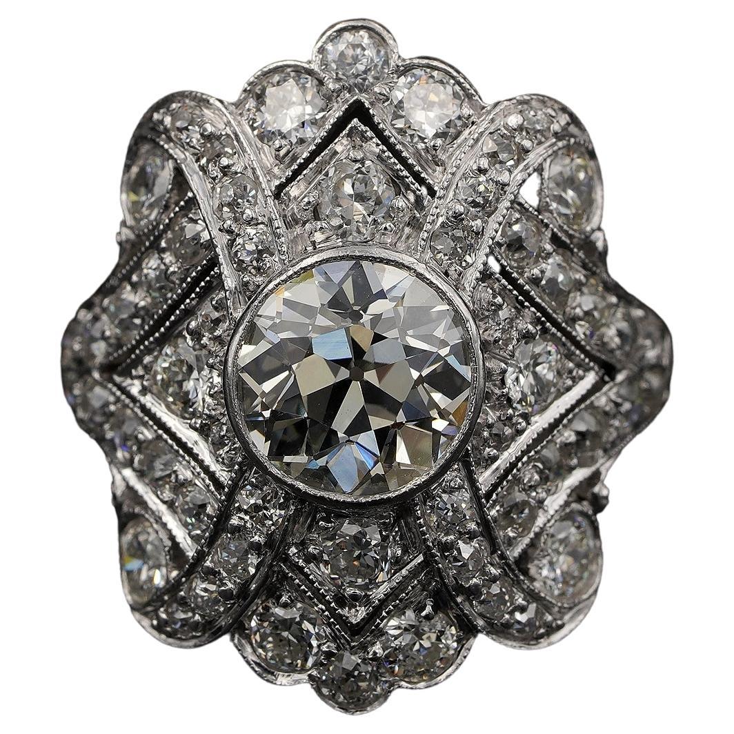 Platin-Platin-Plakette-Ring, Art déco, 1,75 Karat Diamant Plus 2,20 Karat