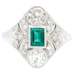 Art Deco 1.75 CTW Emerald Diamond Platinum Vintage Navette Dinner Ring