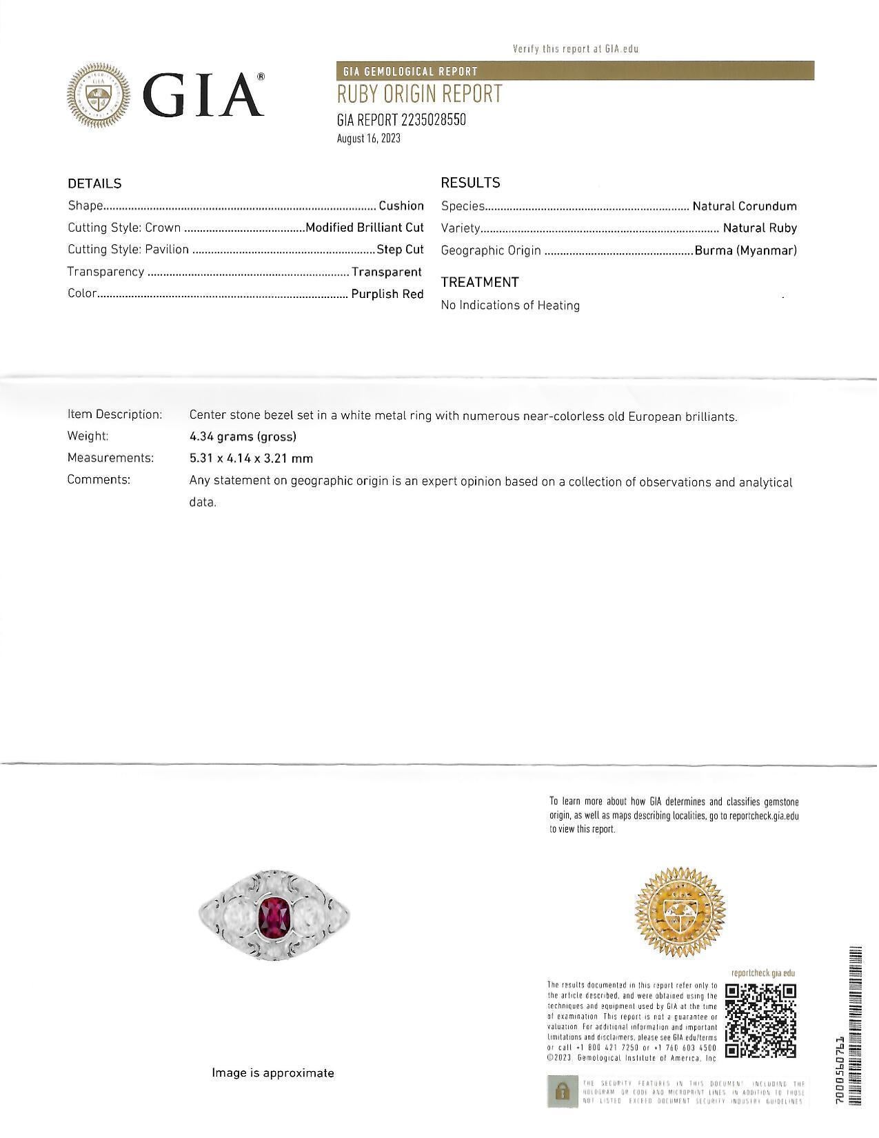 Art Deco 1,75 CTW No Heat Burma Rubin Diamant Platin Vintage Bombé Ring GIA 8