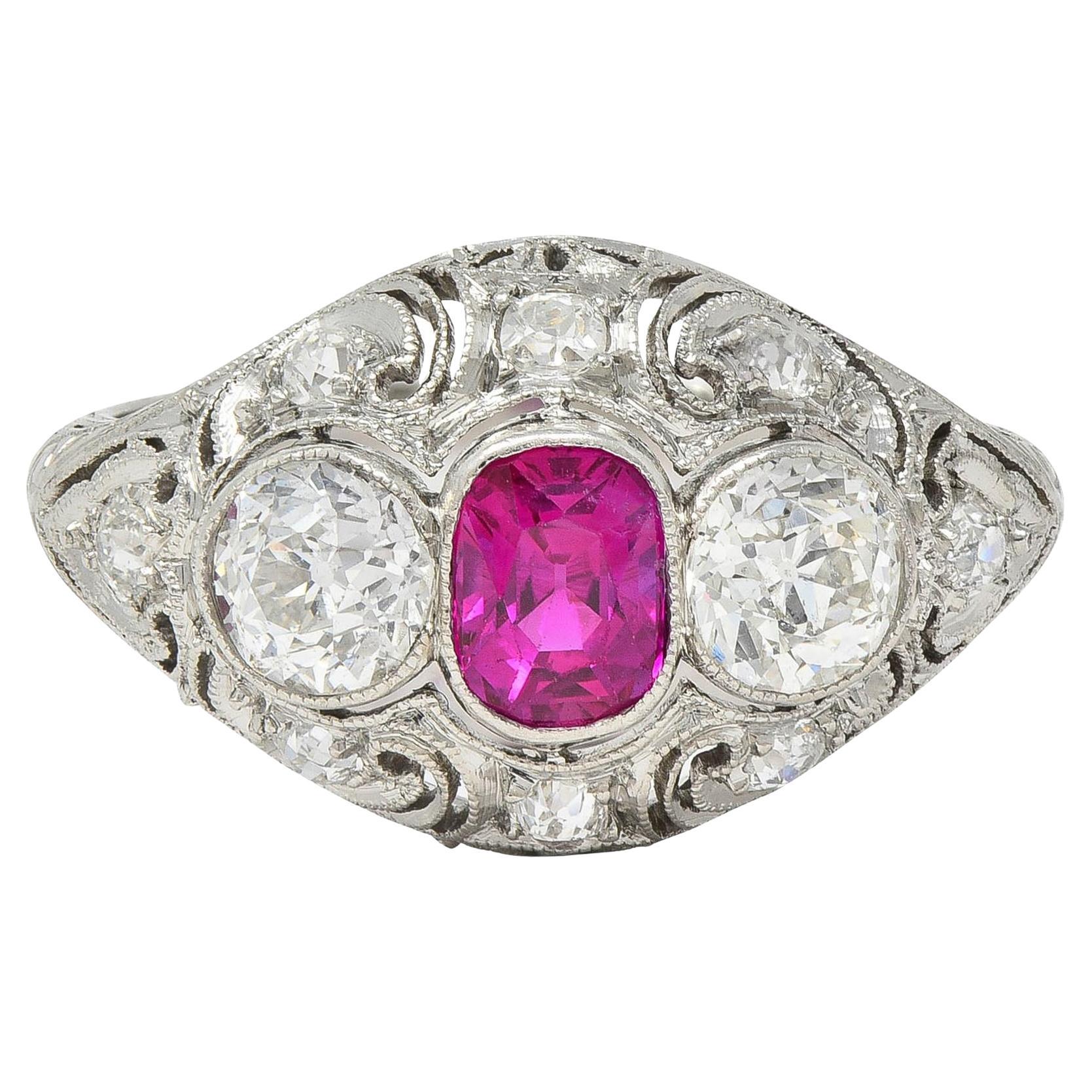 Art Deco 1.75 CTW No Heat Burma Ruby Diamond Platinum Vintage Bombé Ring GIA