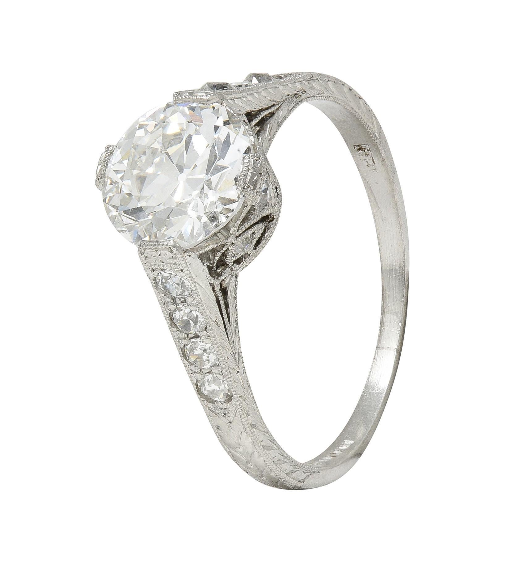 Art Deco 1.75 CTW Old European Cut Diamond Platinum Lotus Engagement Ring GIA For Sale 6