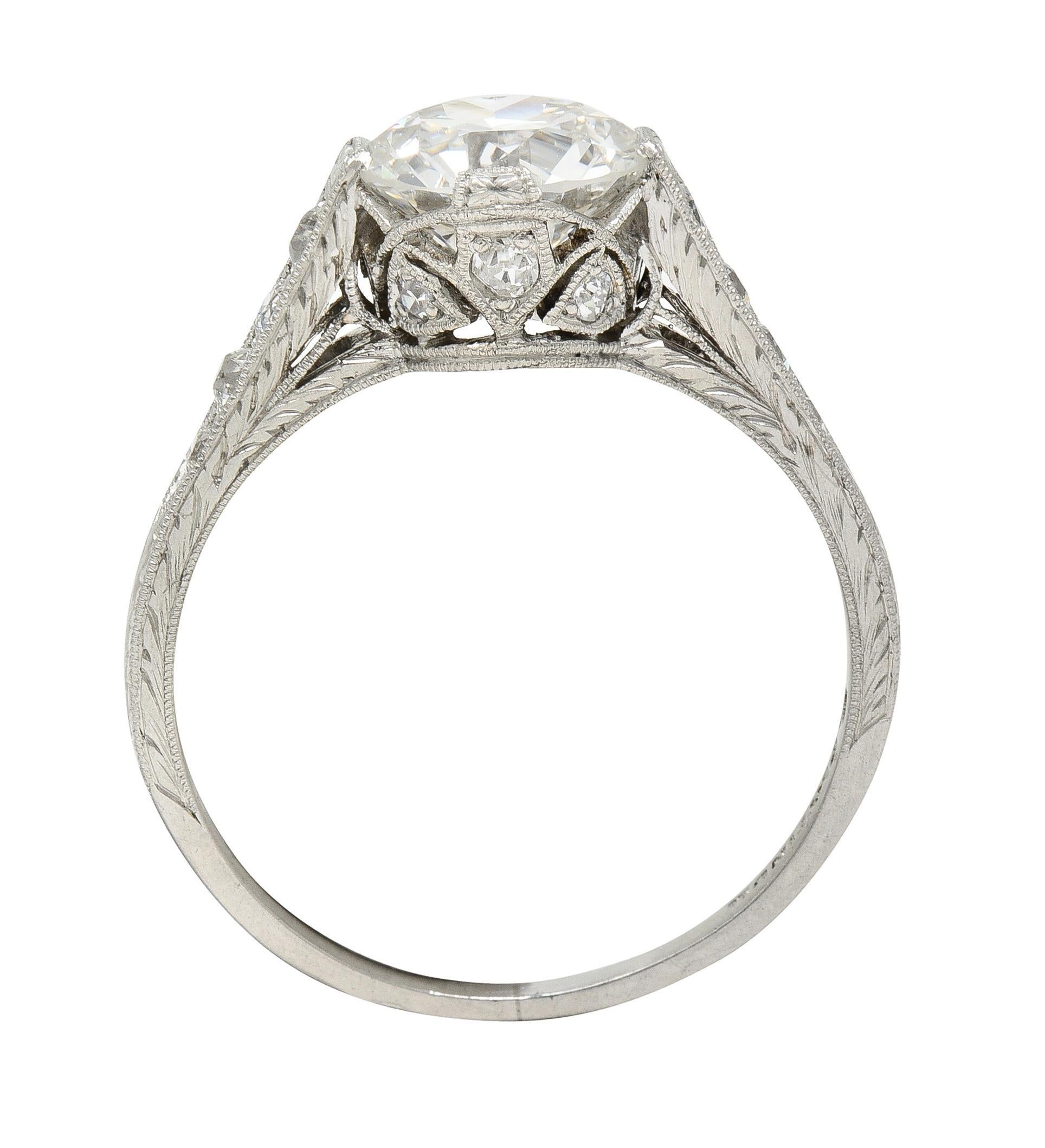 Art Deco 1.75 CTW Old European Cut Diamond Platinum Lotus Engagement Ring GIA For Sale 7
