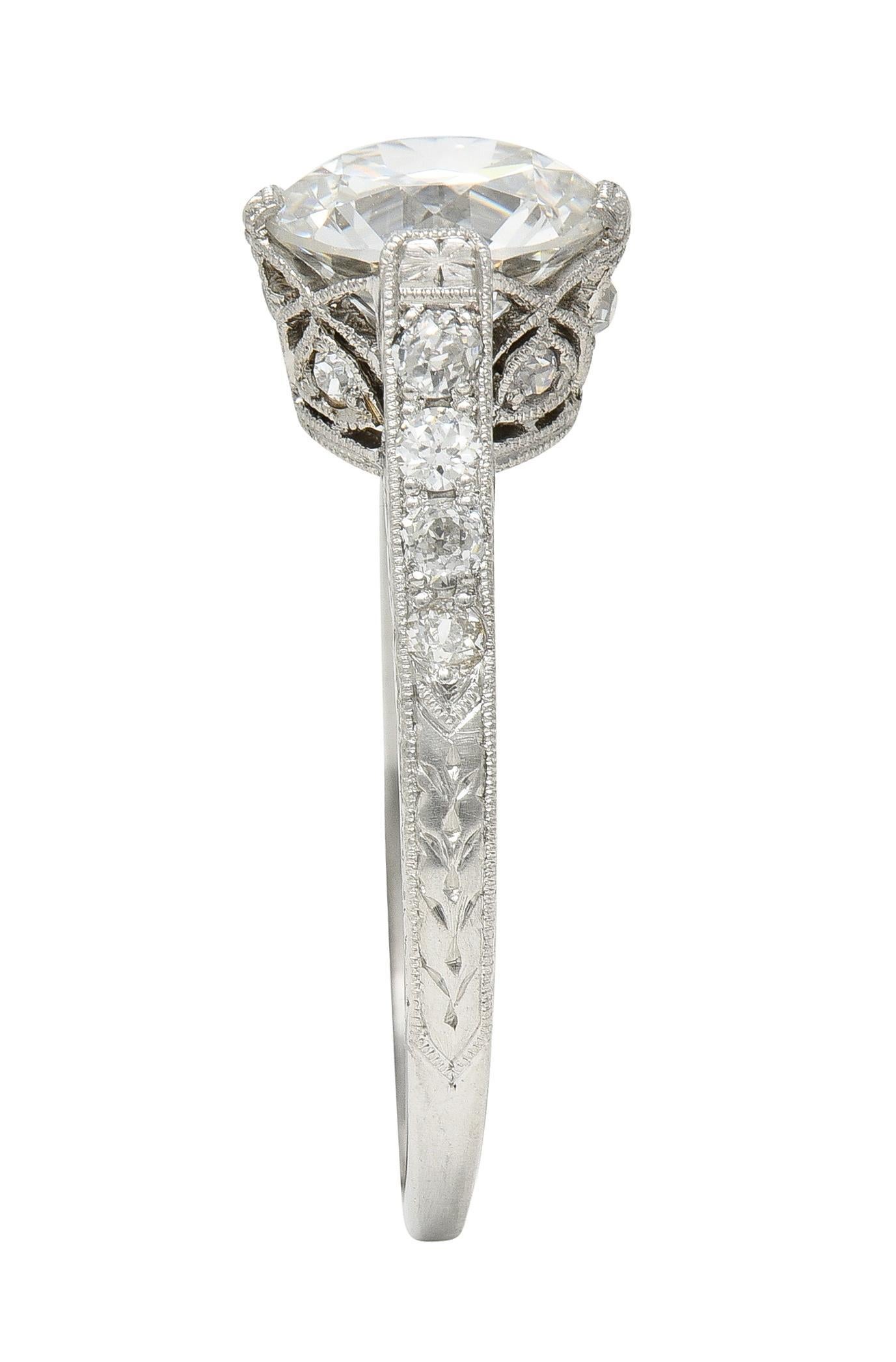 Art Deco 1.75 CTW Old European Cut Diamond Platinum Lotus Engagement Ring GIA For Sale 8