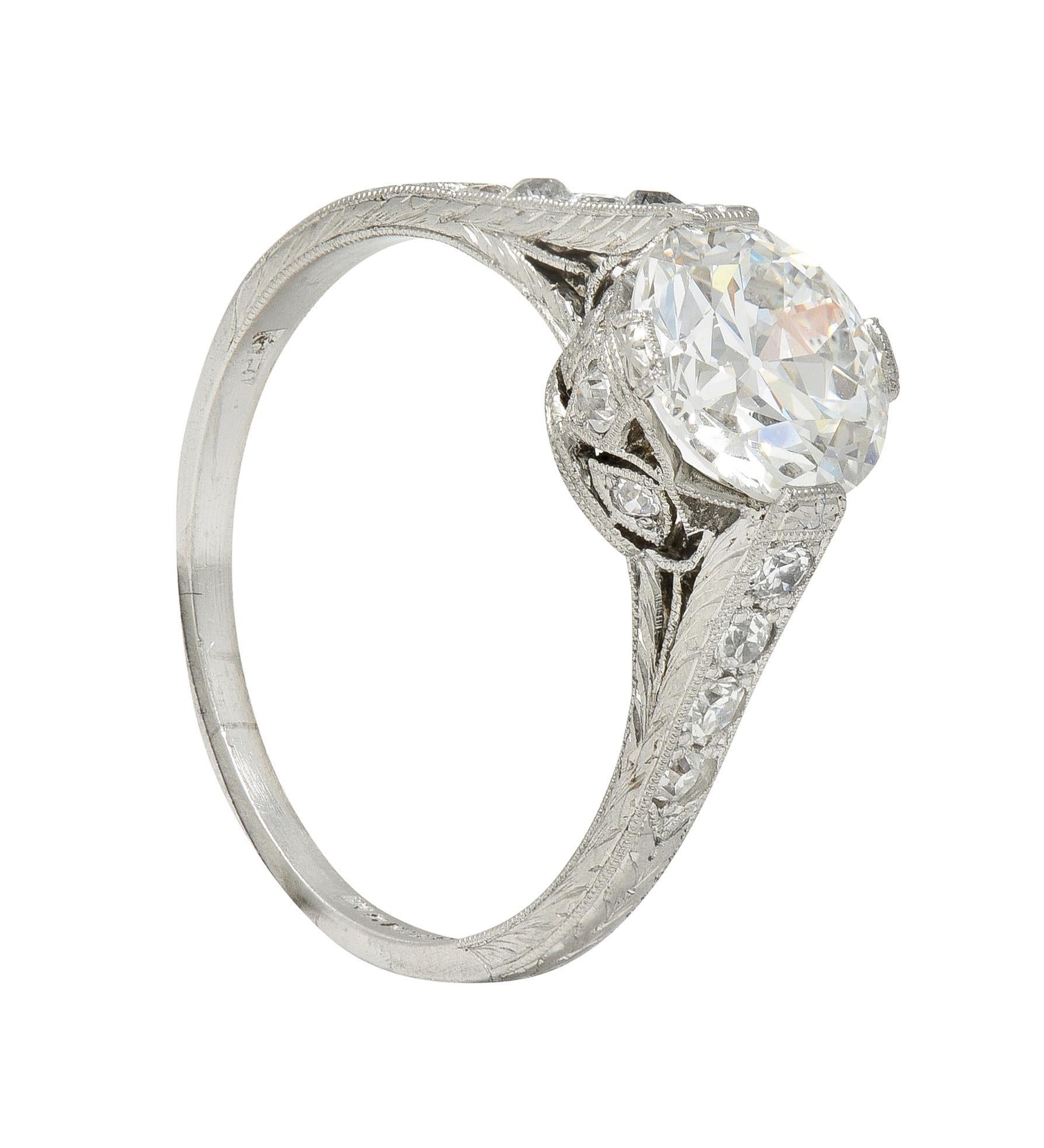 Art Deco 1.75 CTW Old European Cut Diamond Platinum Lotus Engagement Ring GIA For Sale 9