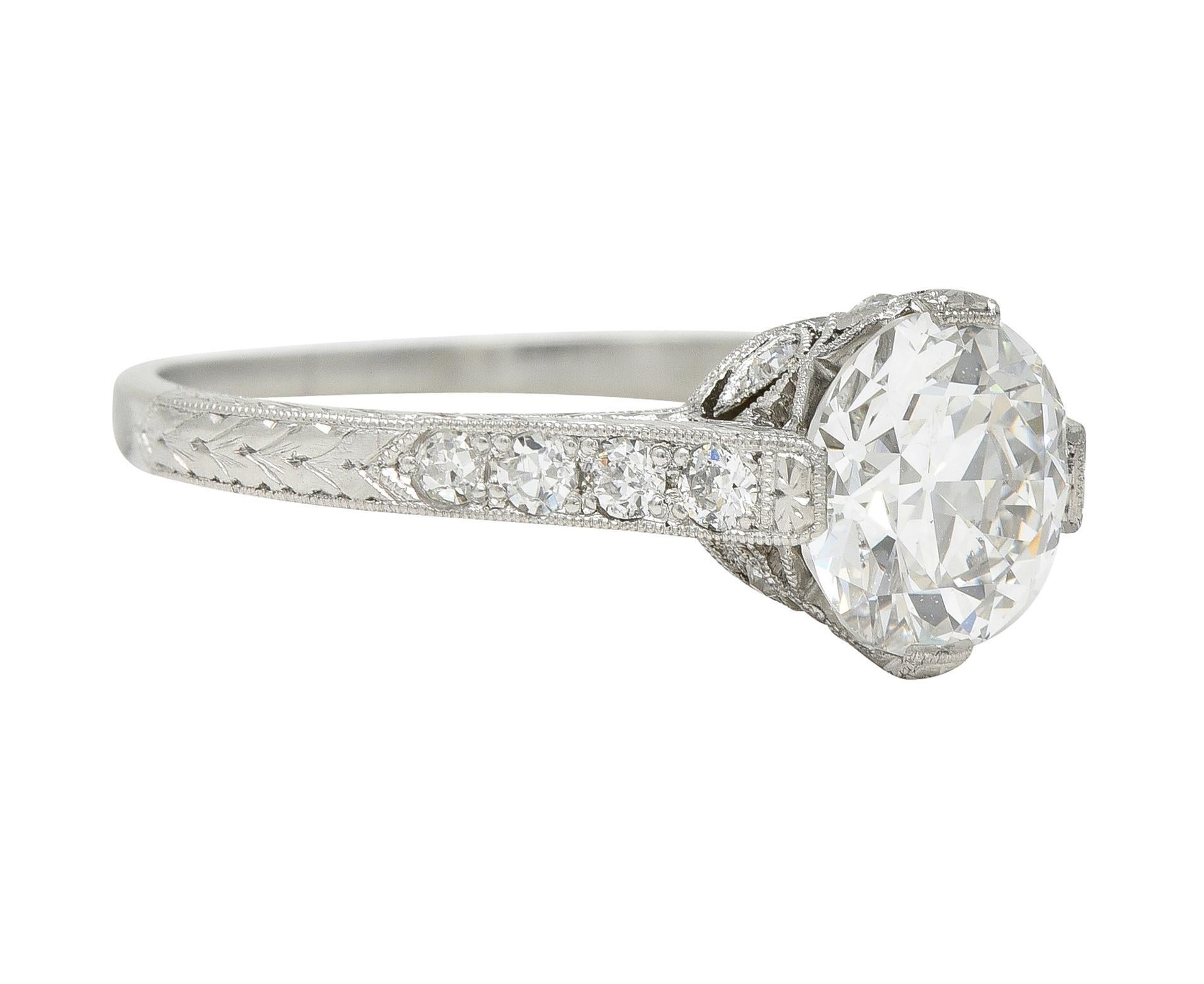 Art Deco 1.75 CTW Old European Cut Diamond Platinum Lotus Engagement Ring GIA In Excellent Condition For Sale In Philadelphia, PA
