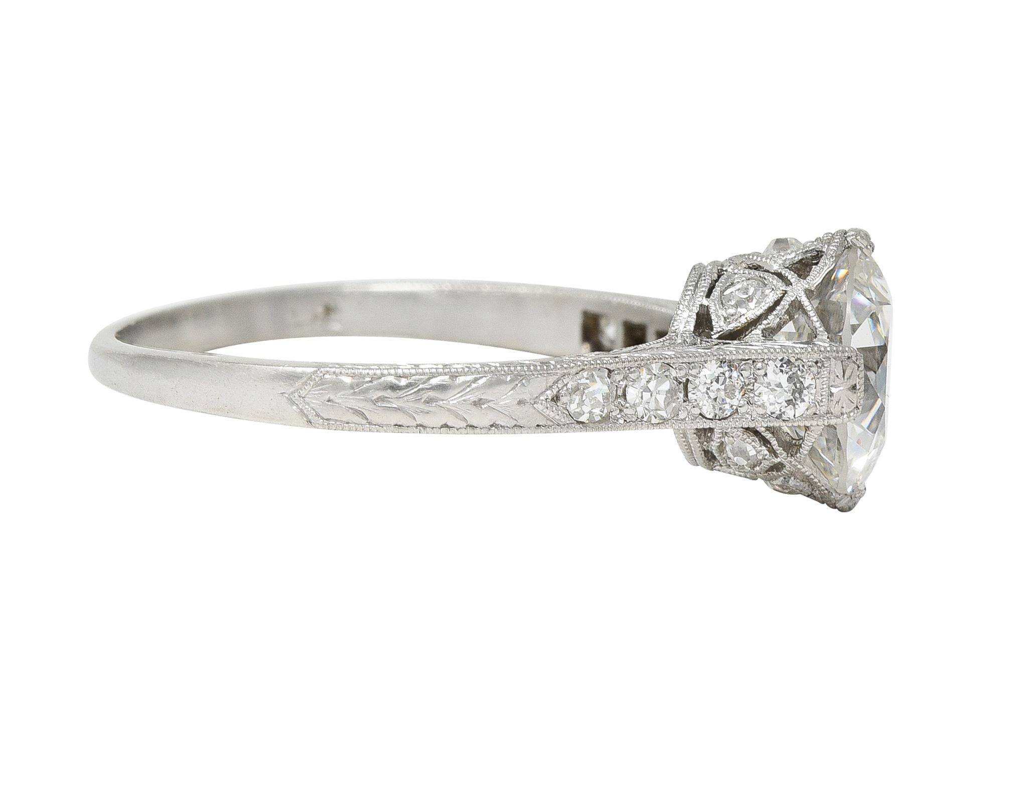 Women's or Men's Art Deco 1.75 CTW Old European Cut Diamond Platinum Lotus Engagement Ring GIA For Sale