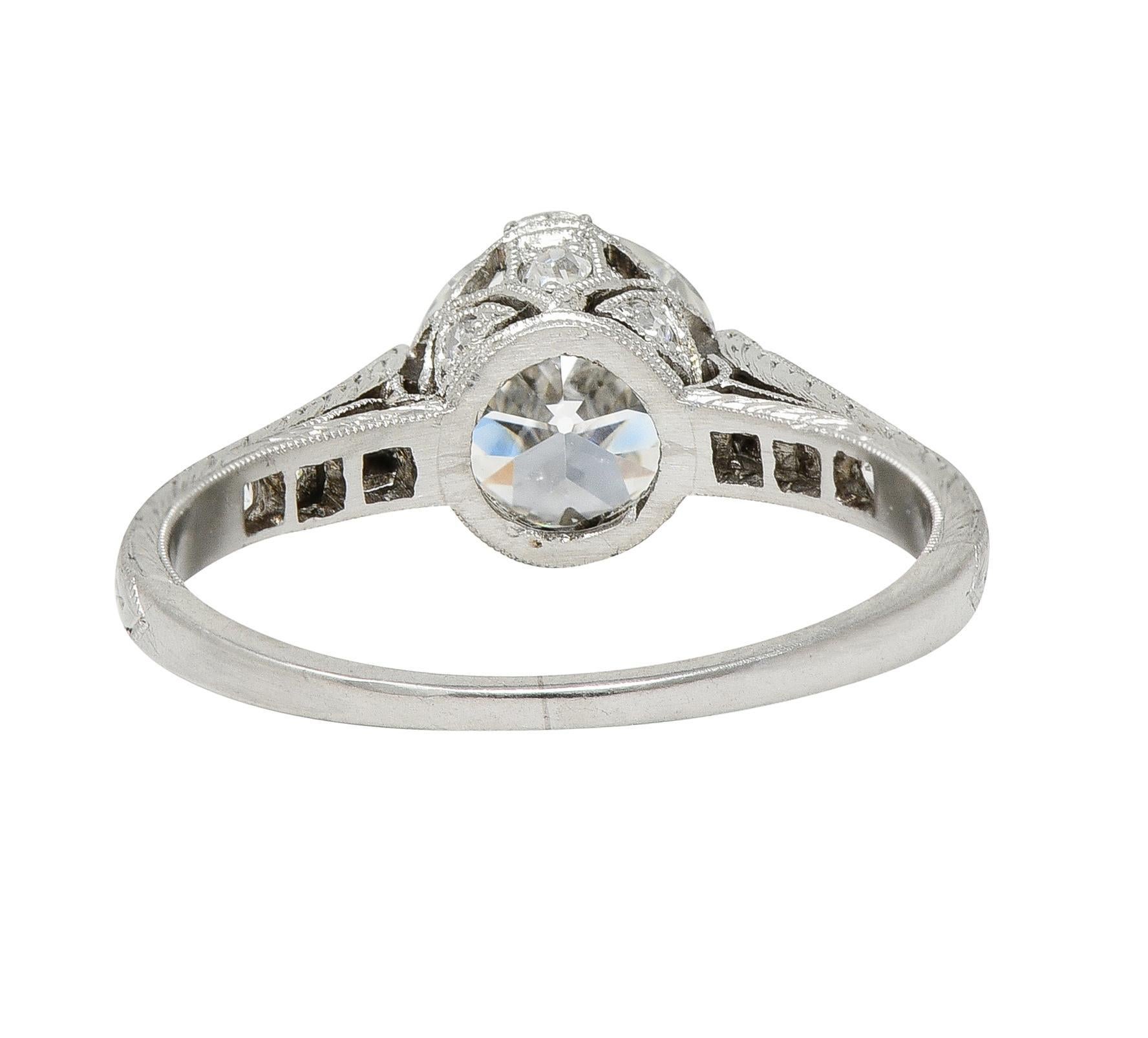 Art Deco 1.75 CTW Old European Cut Diamond Platinum Lotus Engagement Ring GIA For Sale 1
