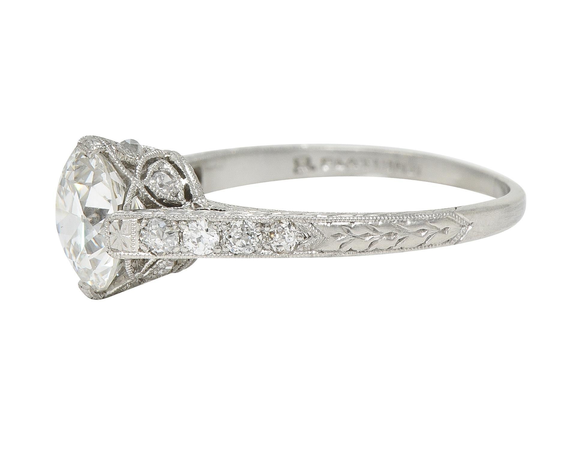 Art Deco 1.75 CTW Old European Cut Diamond Platinum Lotus Engagement Ring GIA For Sale 2