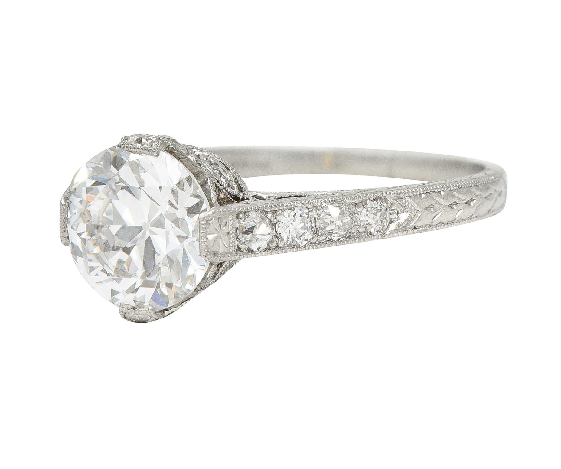 Art Deco 1.75 CTW Old European Cut Diamond Platinum Lotus Engagement Ring GIA For Sale 3
