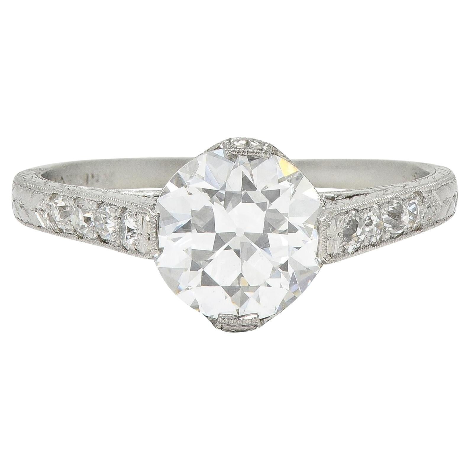 Art Deco 1.75 CTW Old European Cut Diamond Platinum Lotus Engagement Ring GIA For Sale